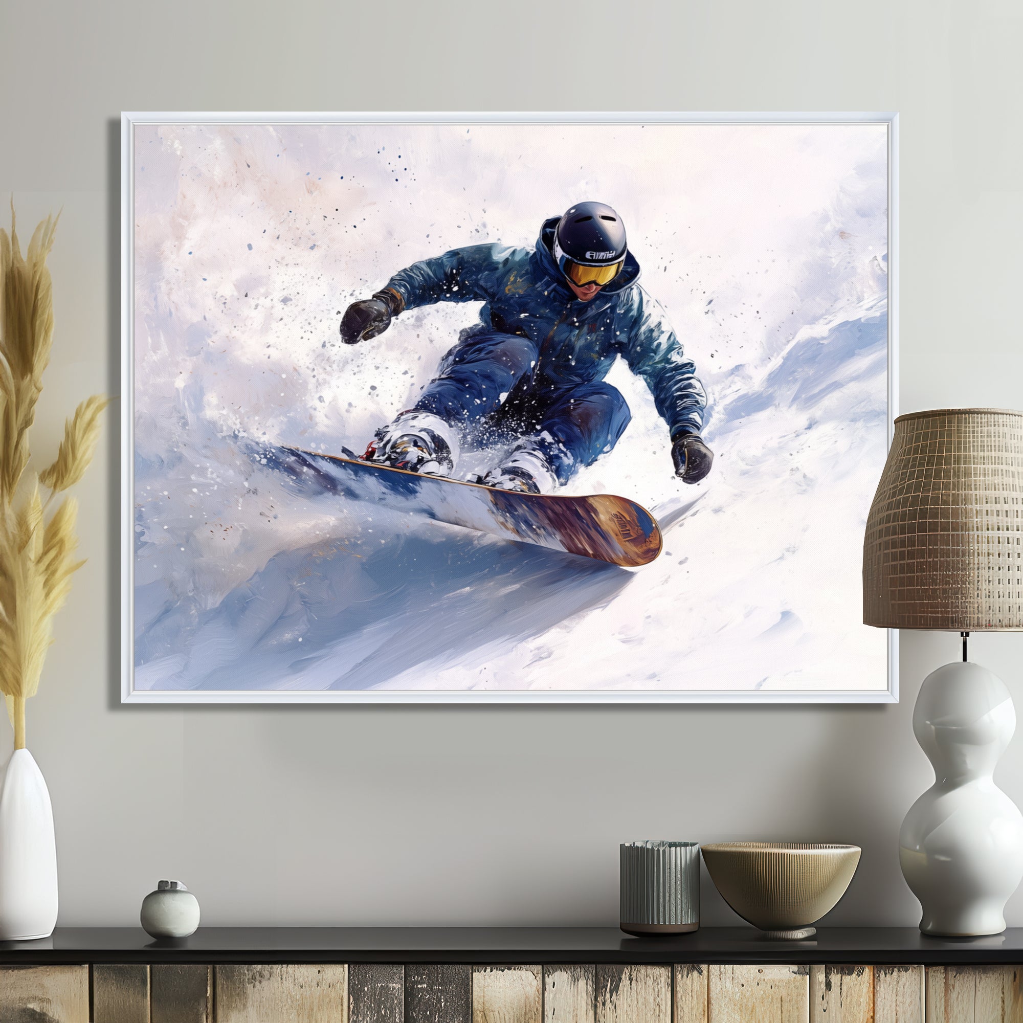 White Snowboard Big Air Mens Accented With Green - Winter Sport Canvas Wall Art