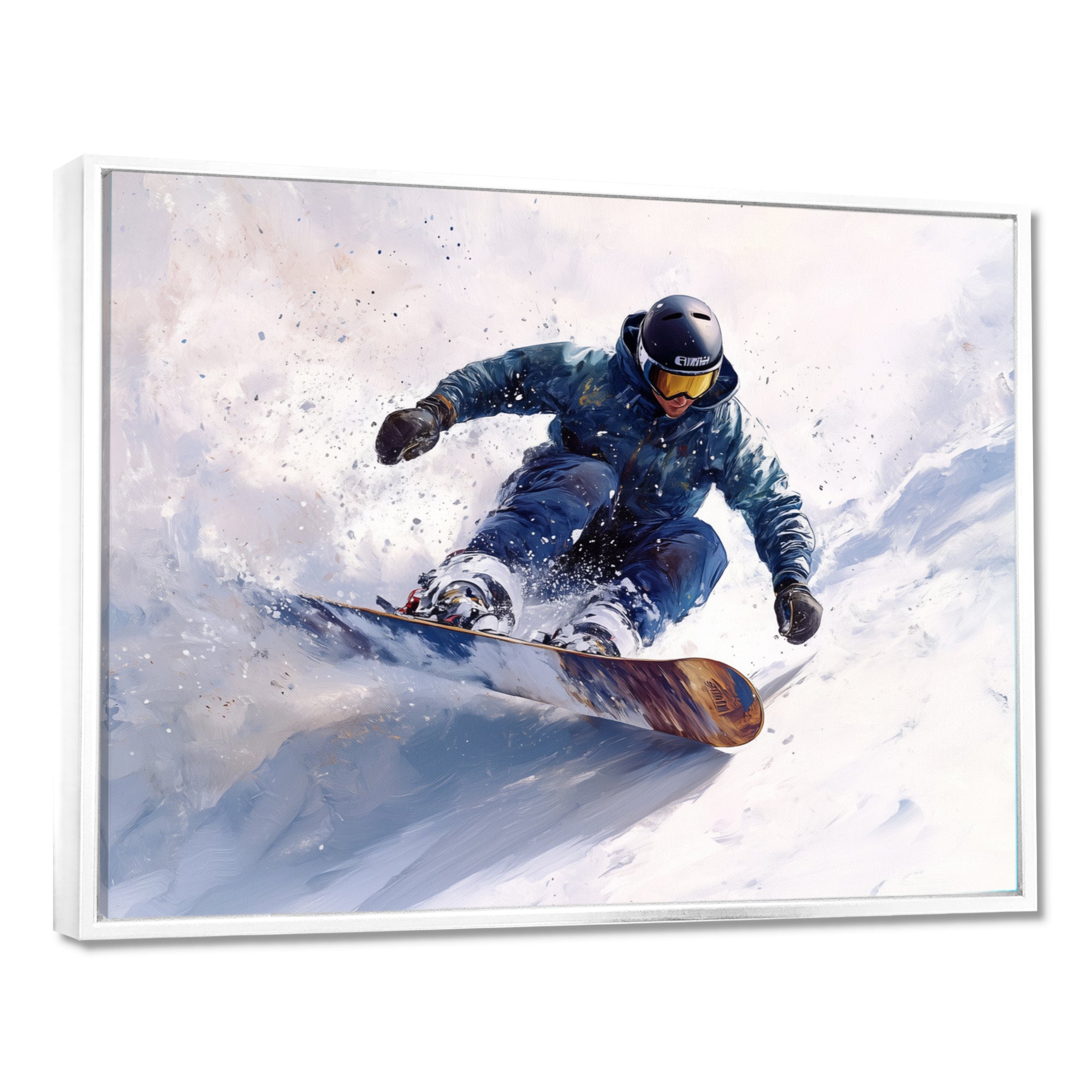 White Snowboard Big Air Mens Accented With Green - Winter Sport Canvas Wall Art