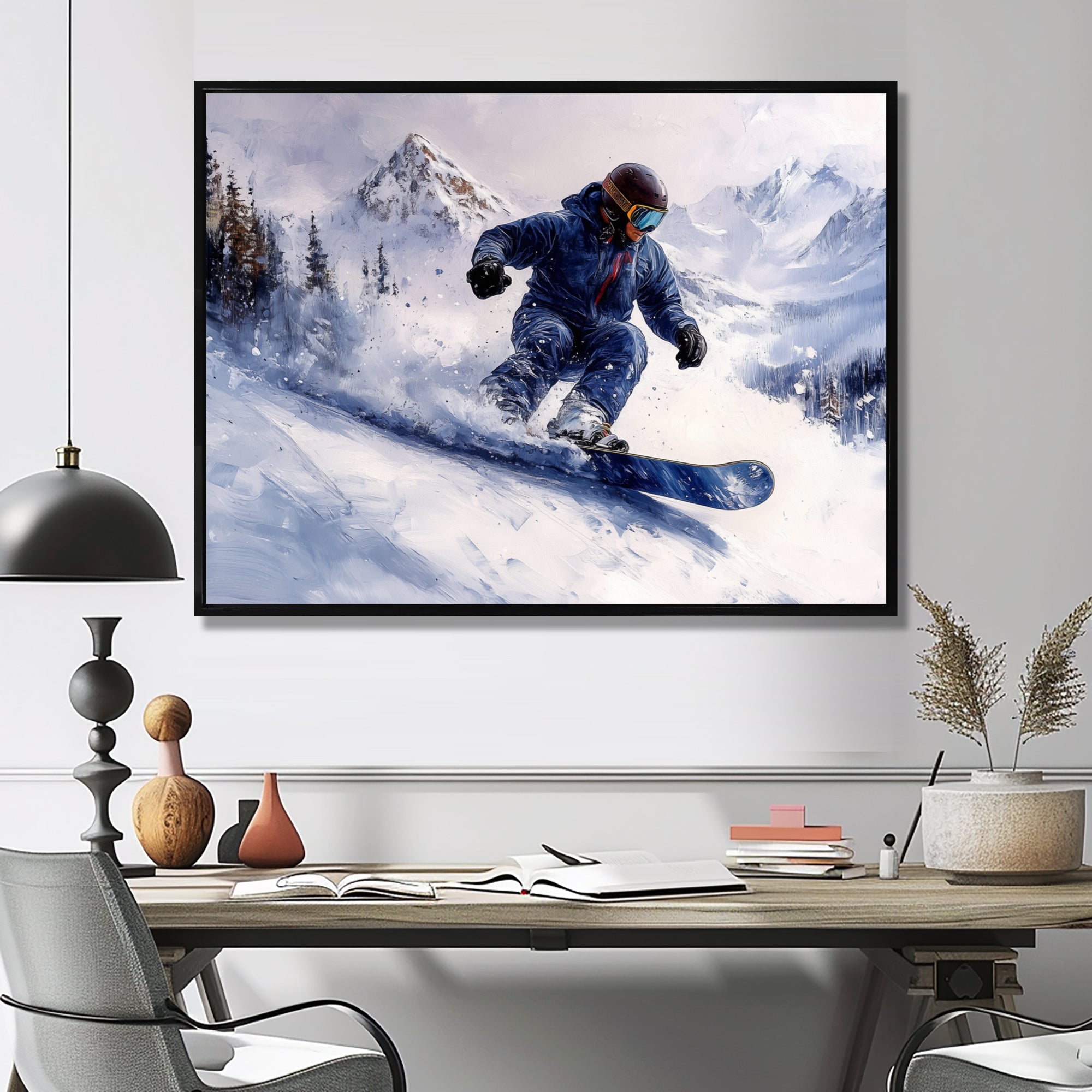 White Snowboard Big Air Mens Accented With Blue - Winter Sport Canvas Wall Art
