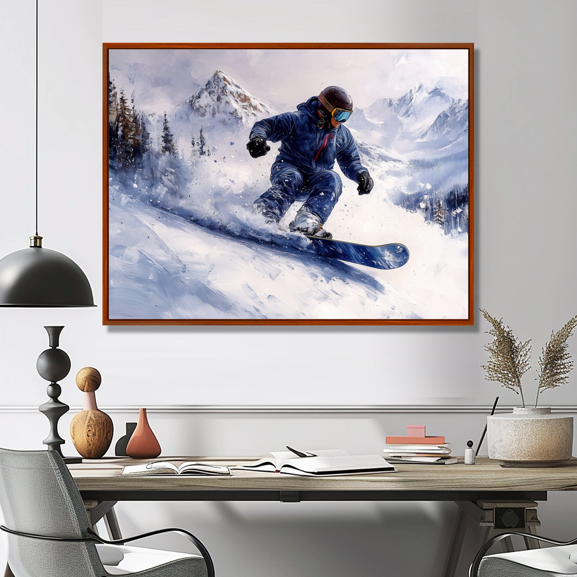 White Snowboard Big Air Mens Accented With Blue - Winter Sport Canvas Wall Art