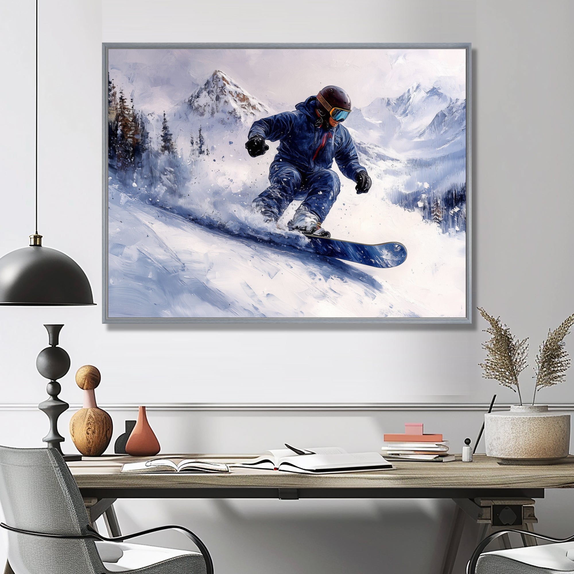 White Snowboard Big Air Mens Accented With Blue - Winter Sport Canvas Wall Art