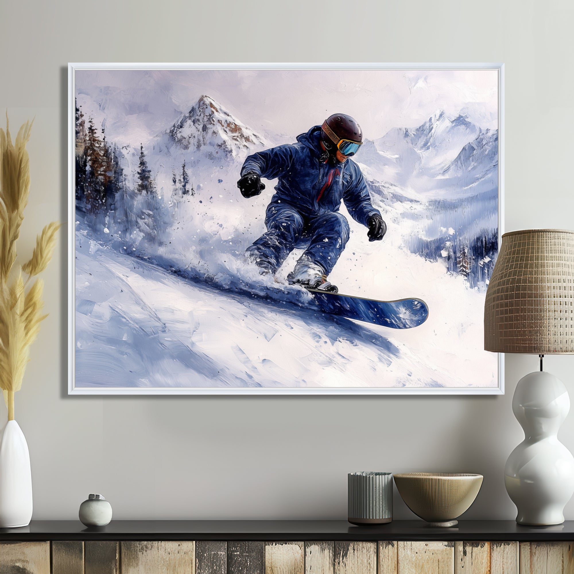 White Snowboard Big Air Mens Accented With Blue - Winter Sport Canvas Wall Art