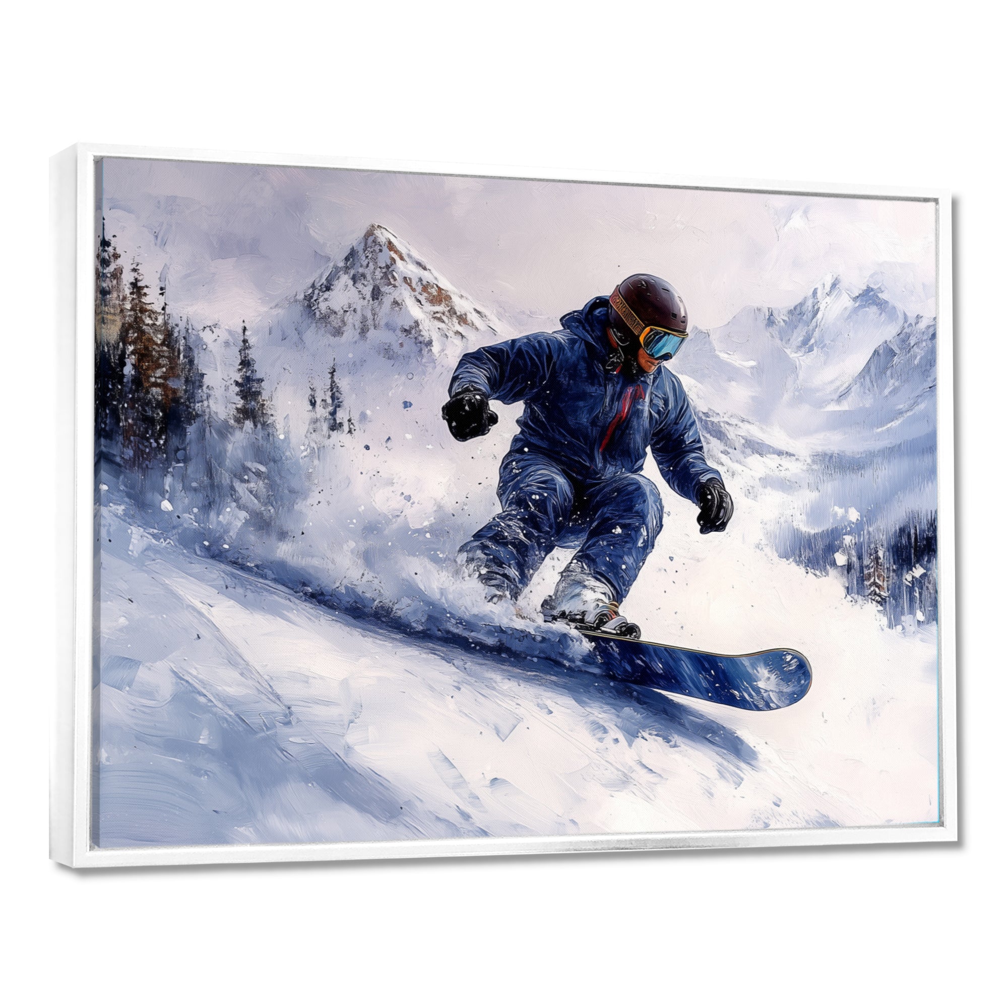 White Snowboard Big Air Mens Accented With Blue - Winter Sport Canvas Wall Art