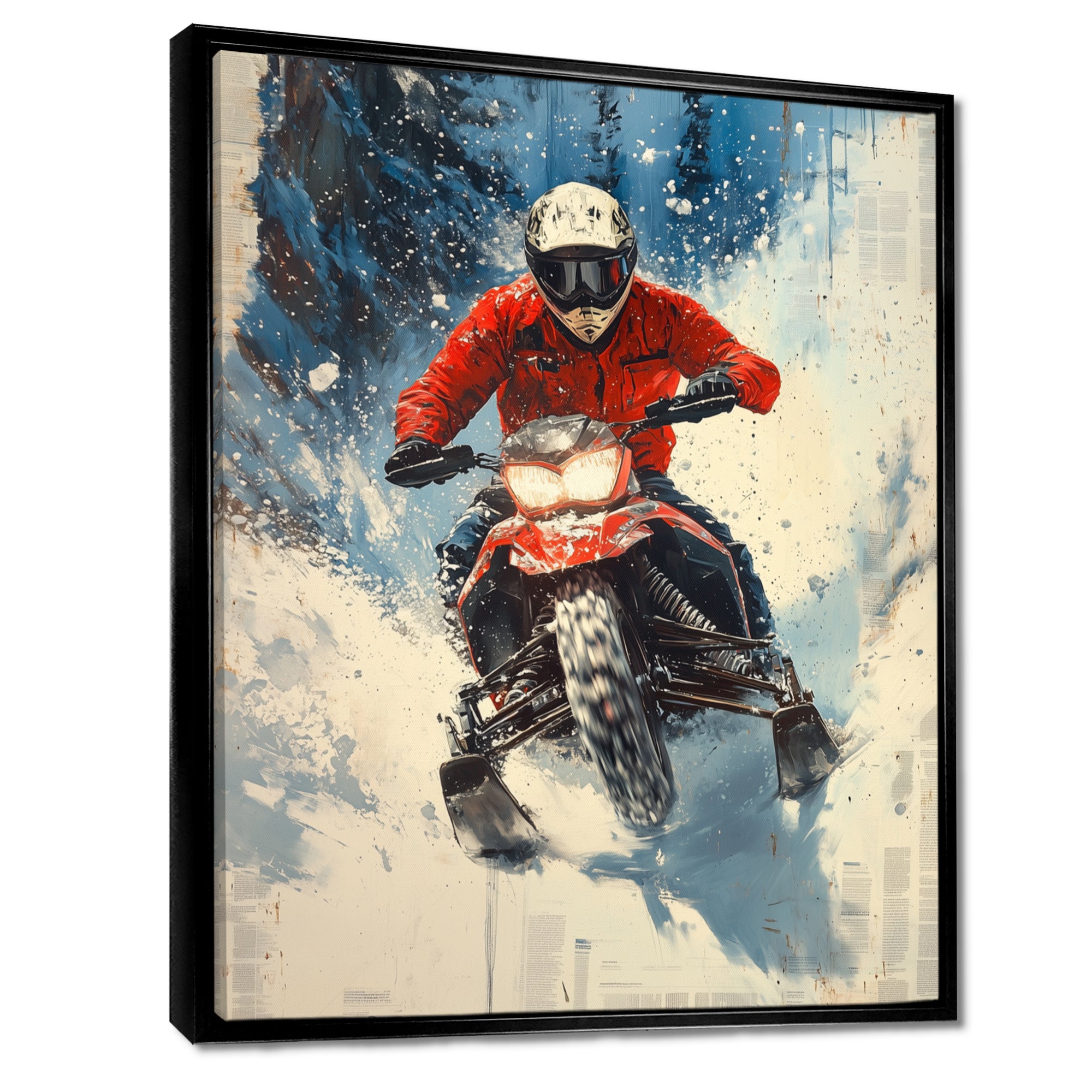 Red Snowmobile Freestyle Accented With Blue - Winter Sport Canvas Wall Art