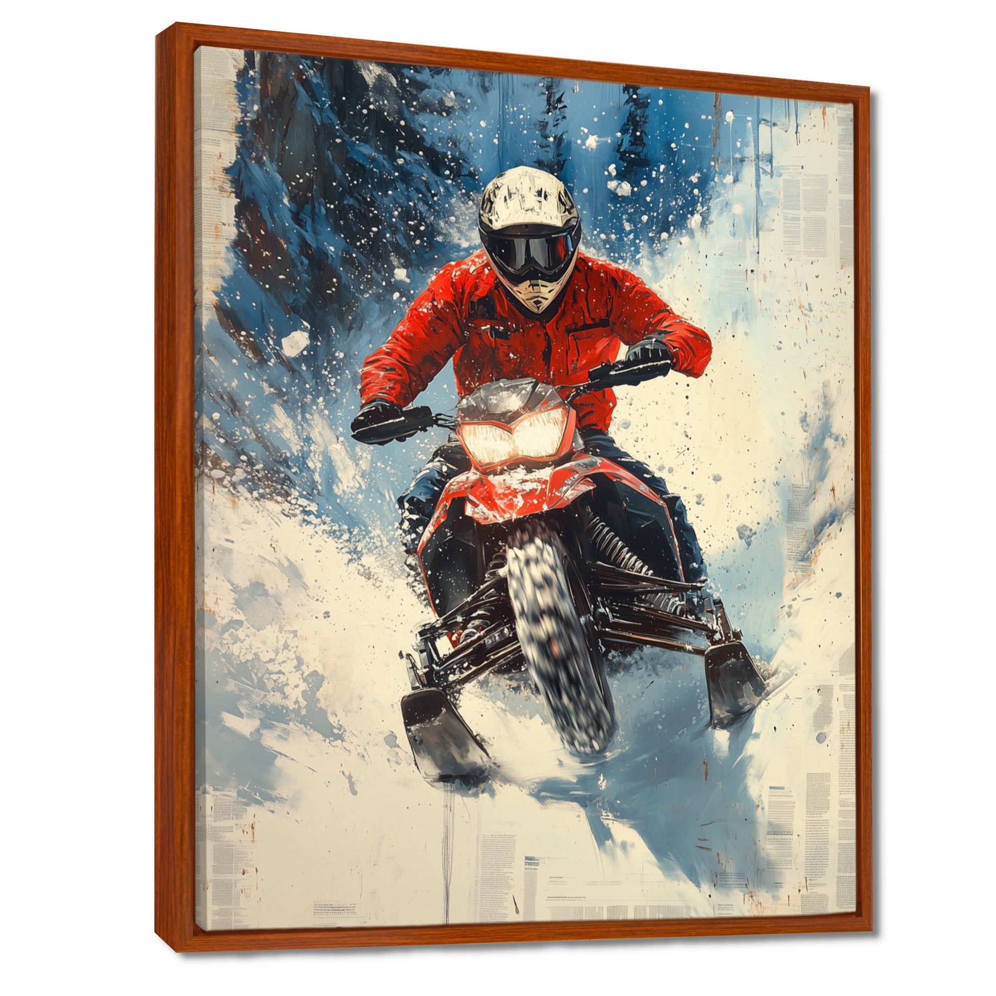 Red Snowmobile Freestyle Accented With Blue - Winter Sport Canvas Wall Art