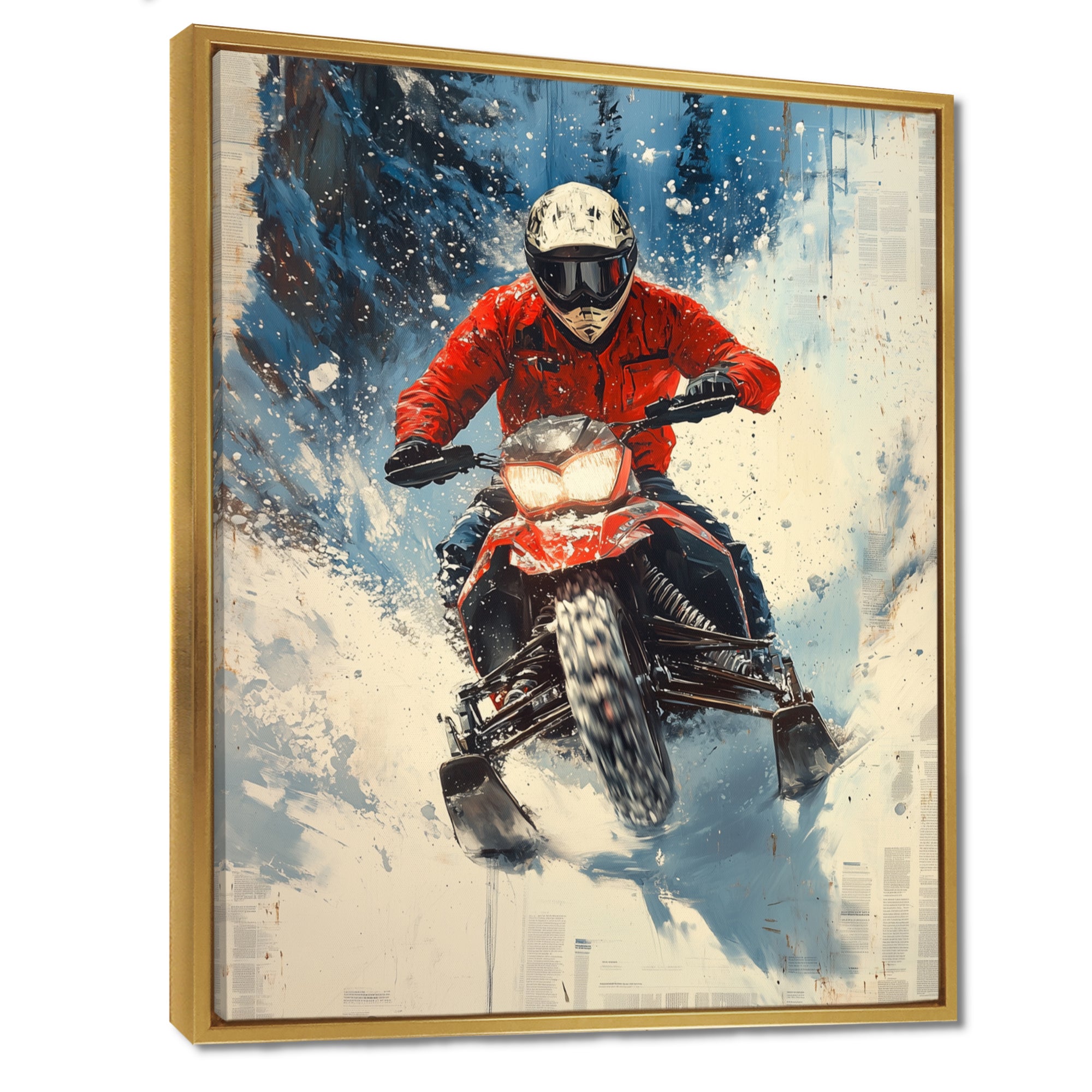 Red Snowmobile Freestyle Accented With Blue - Winter Sport Canvas Wall Art