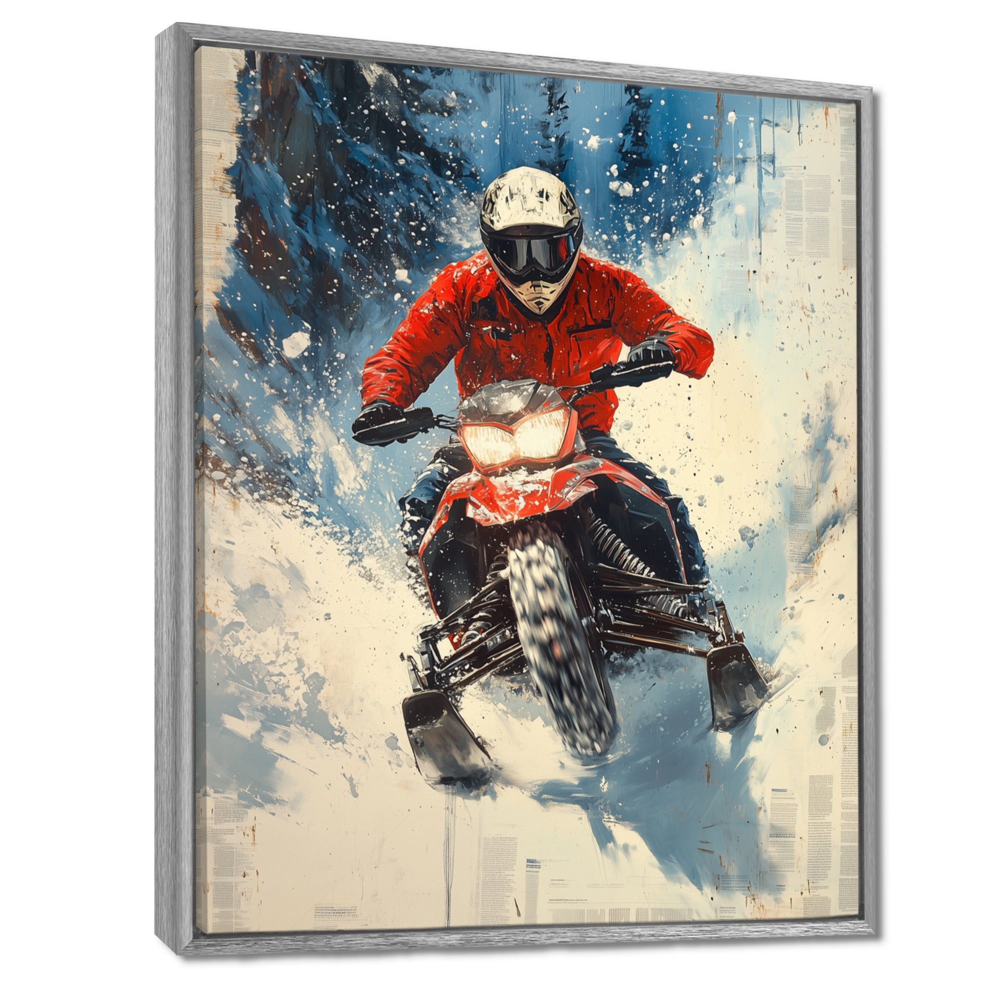 Red Snowmobile Freestyle Accented With Blue - Winter Sport Canvas Wall Art