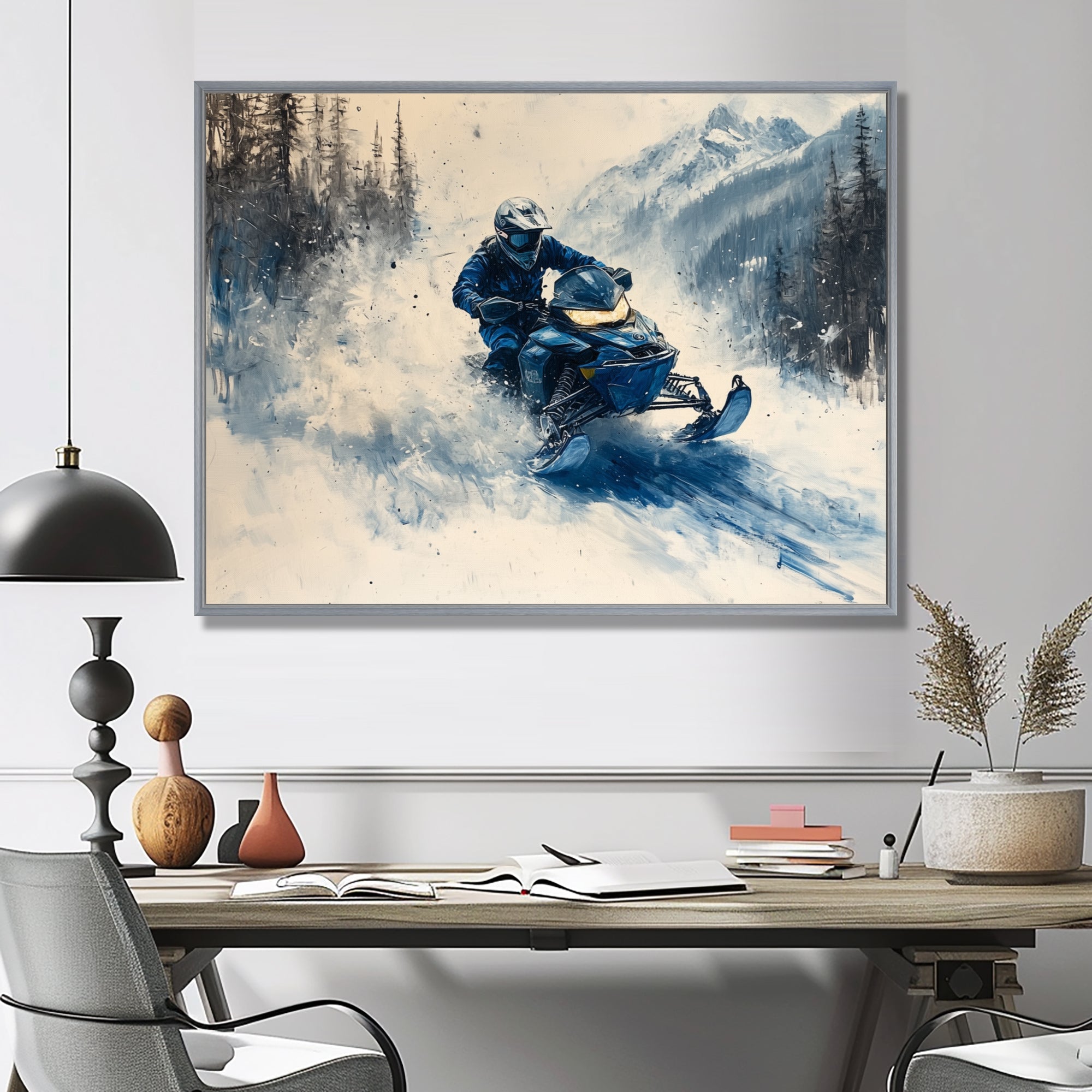 Blue Snowmobile Hill Cross Accented With White I - Winter Sport Canvas Wall Art