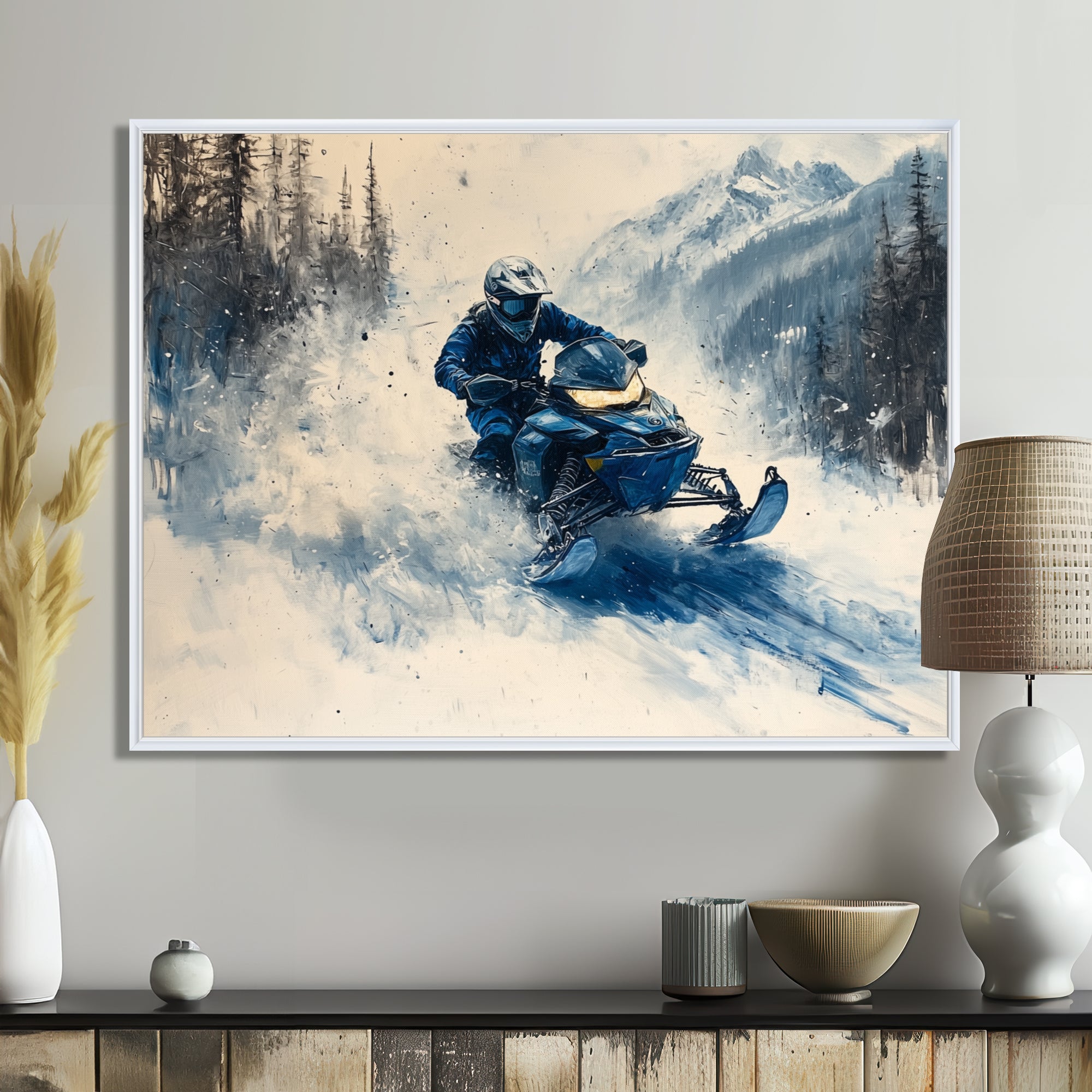 Blue Snowmobile Hill Cross Accented With White I - Winter Sport Canvas Wall Art