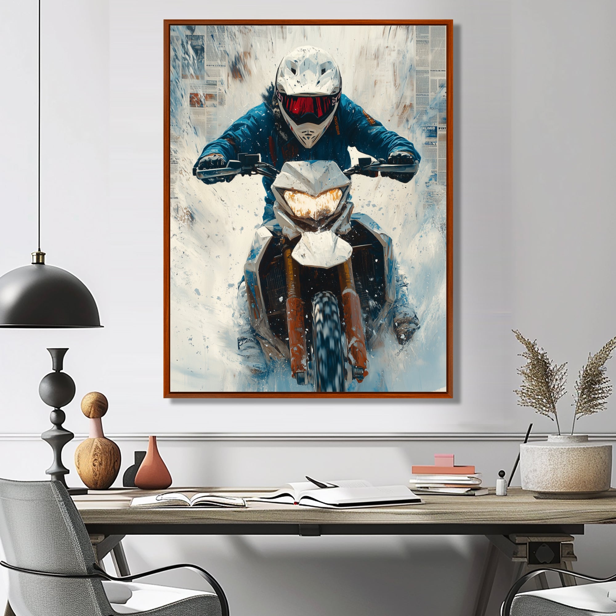 Red Snowmobile Hill Cross Accented With Blue - Skiing Canvas Wall Art