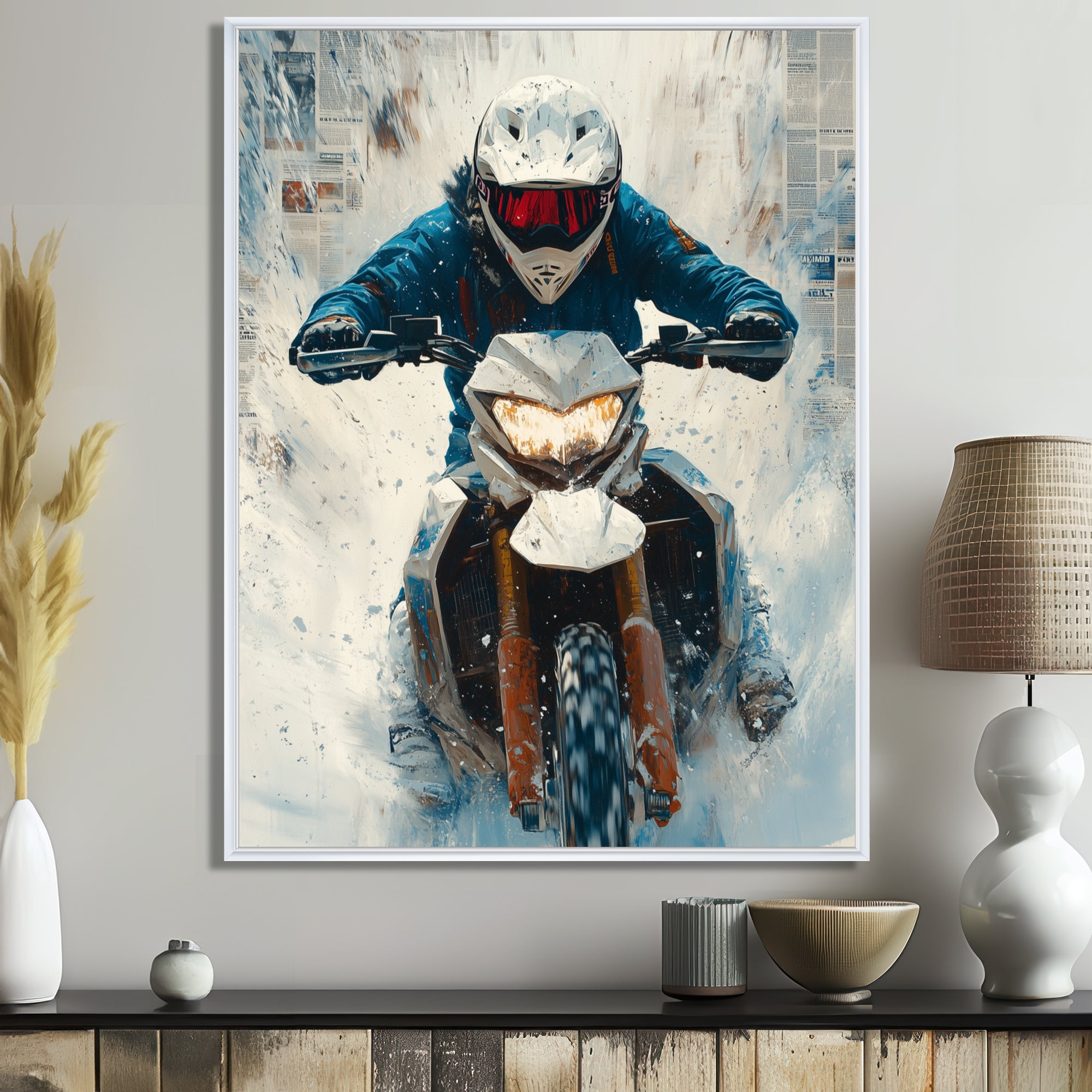 Red Snowmobile Hill Cross Accented With Blue - Skiing Canvas Wall Art