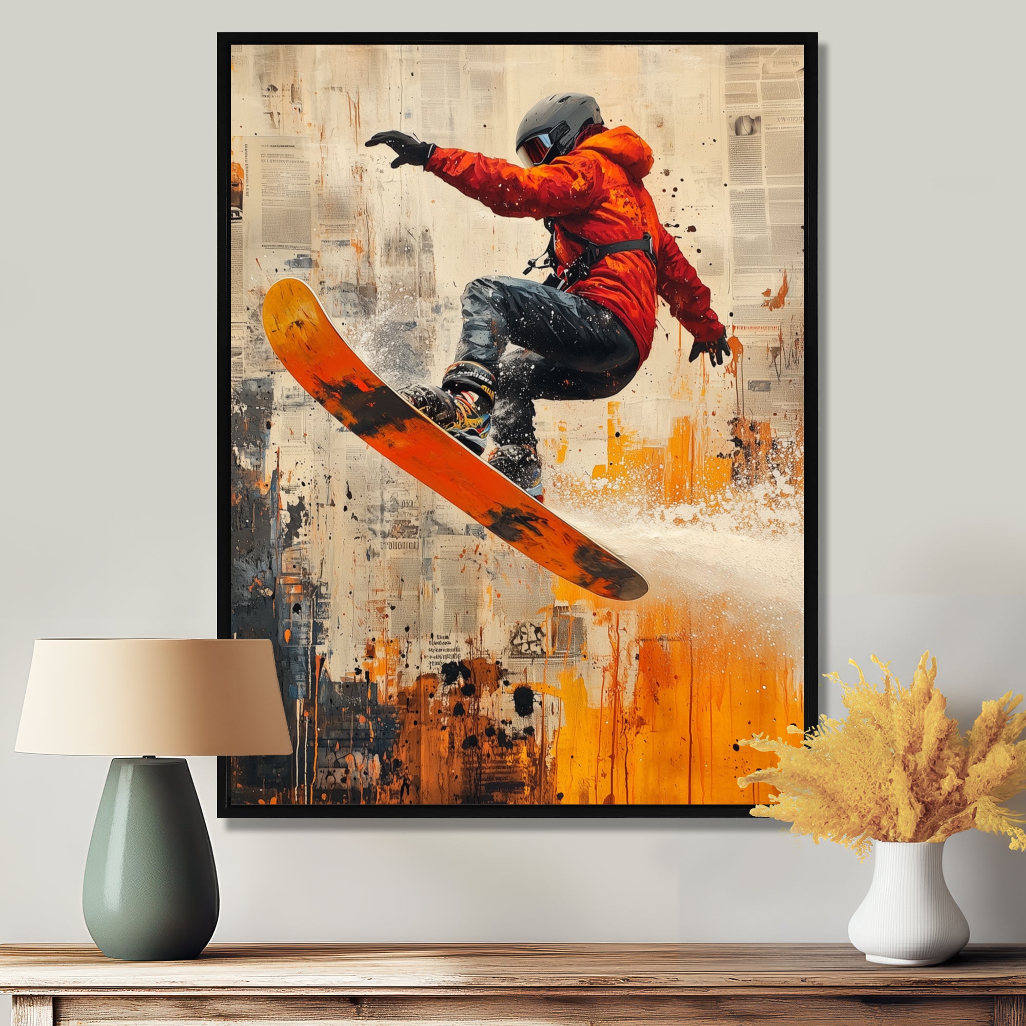 Yellow Wakeboard Big Air Accented With Orange - Winter Sport Canvas Wall Art