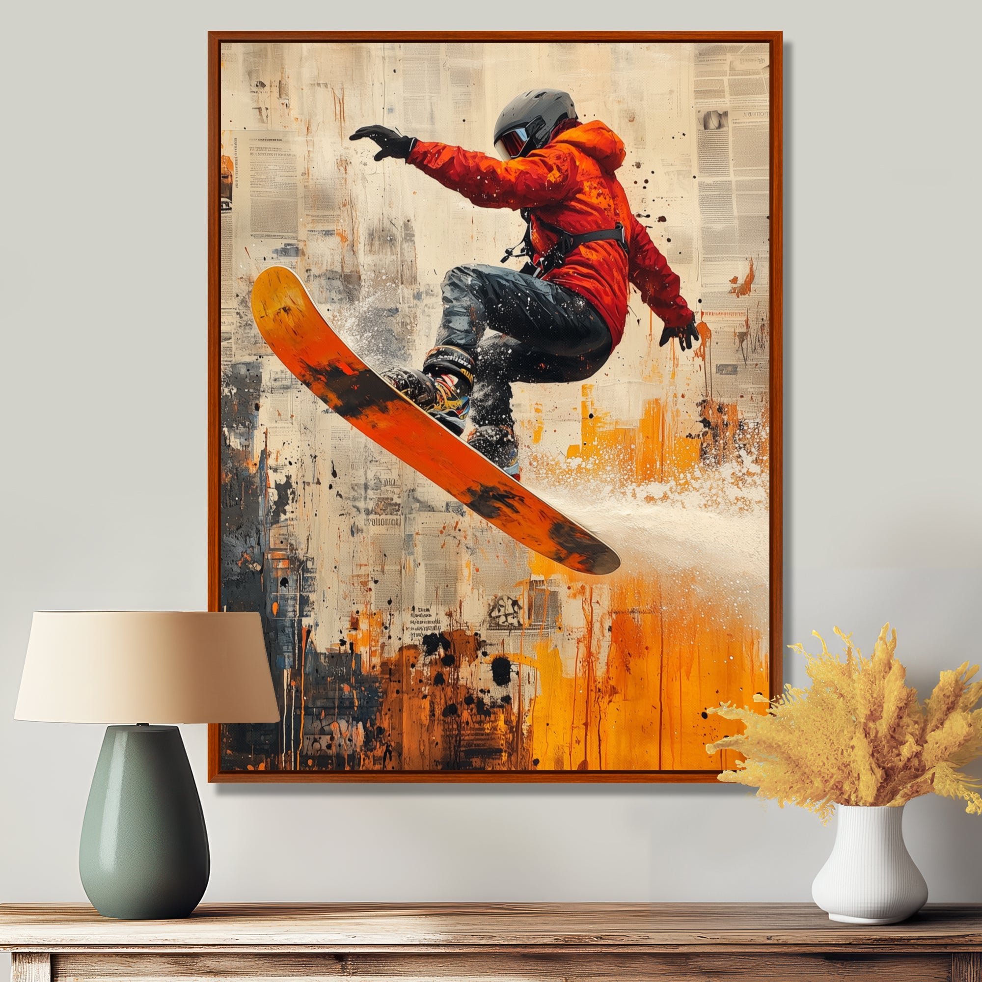 Yellow Wakeboard Big Air Accented With Orange - Winter Sport Canvas Wall Art