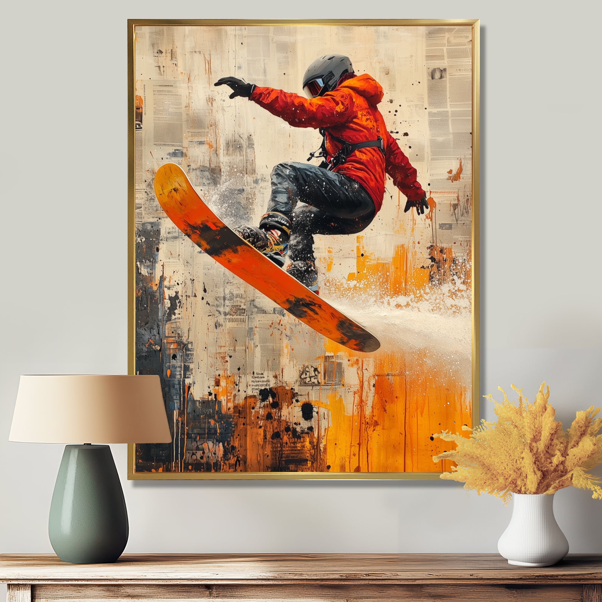 Yellow Wakeboard Big Air Accented With Orange - Winter Sport Canvas Wall Art