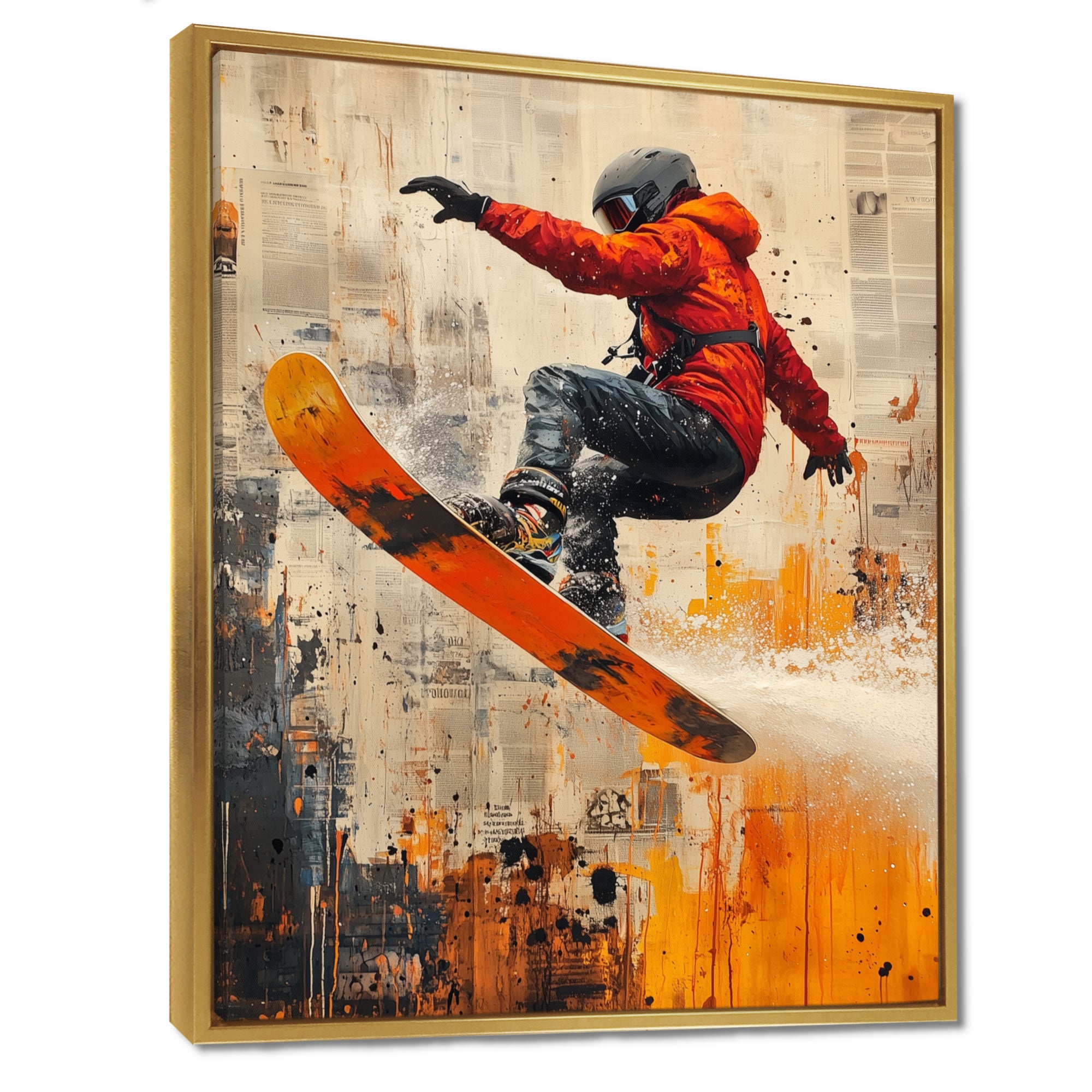 Yellow Wakeboard Big Air Accented With Orange - Winter Sport Canvas Wall Art