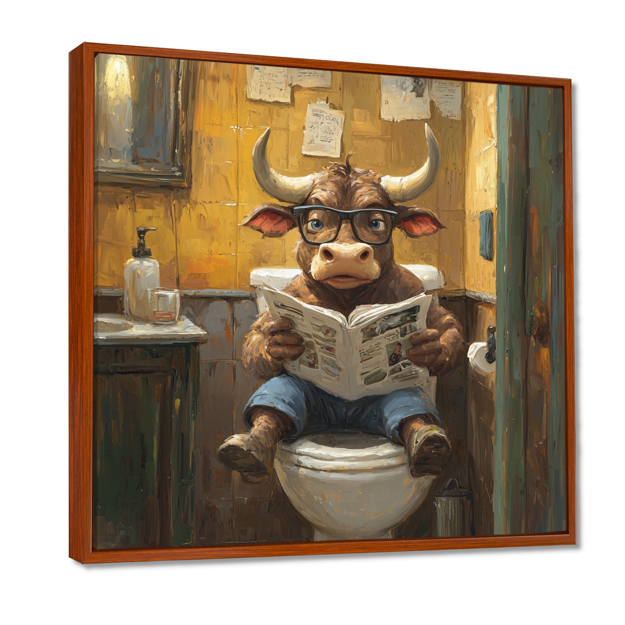 Cute Buffalo Reading Newspaper In The Bathroom - Cow Wall Art Prints