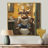 Cute Buffalo Reading Newspaper In The Bathroom - Cow Wall Art Prints