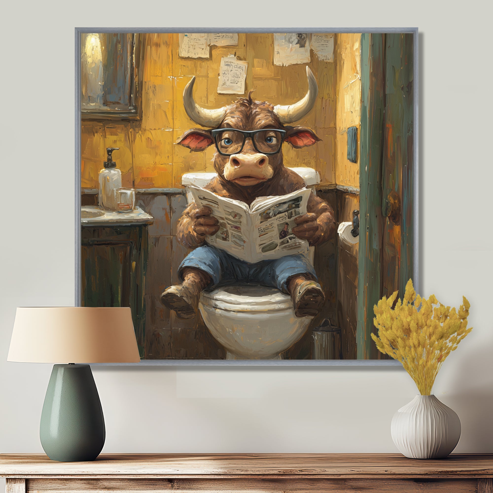 Cute Buffalo Reading Newspaper In The Bathroom - Cow Wall Art Prints