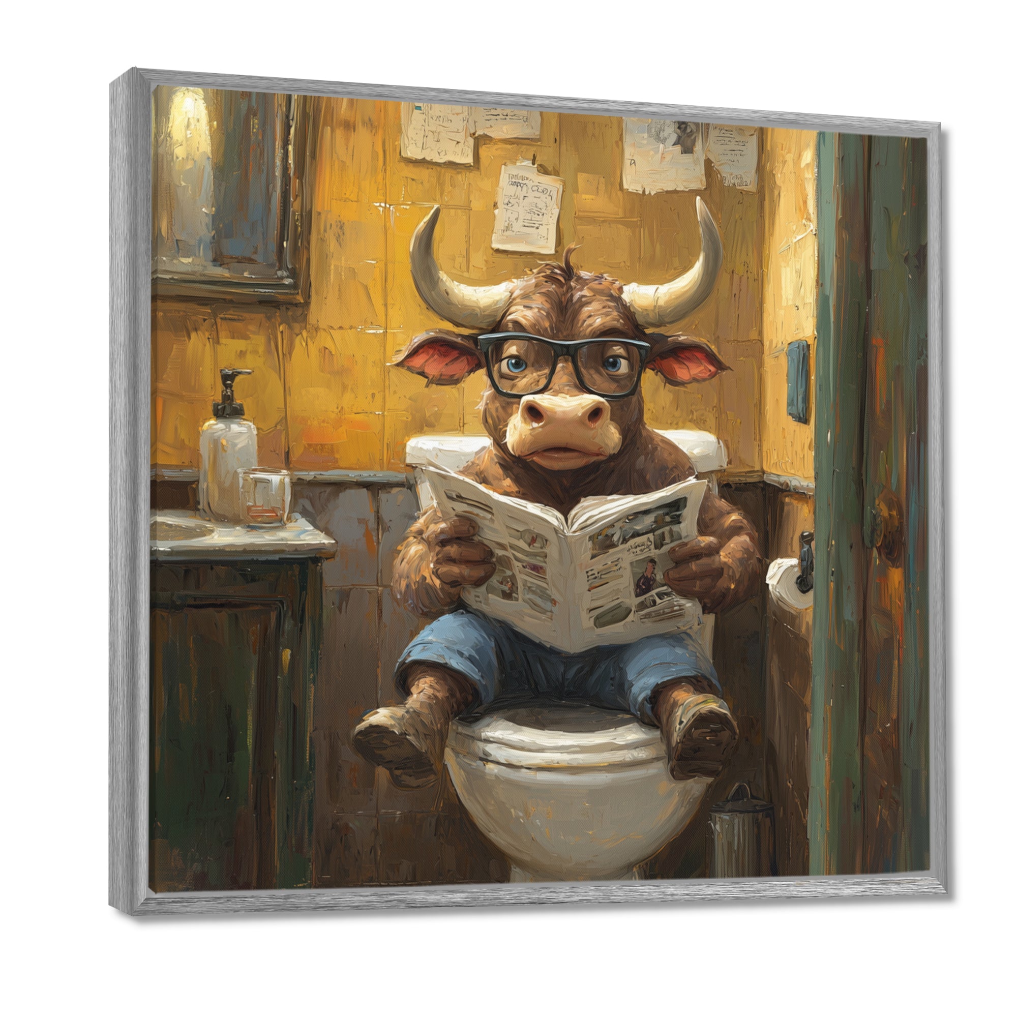 Cute Buffalo Reading Newspaper In The Bathroom - Cow Wall Art Prints