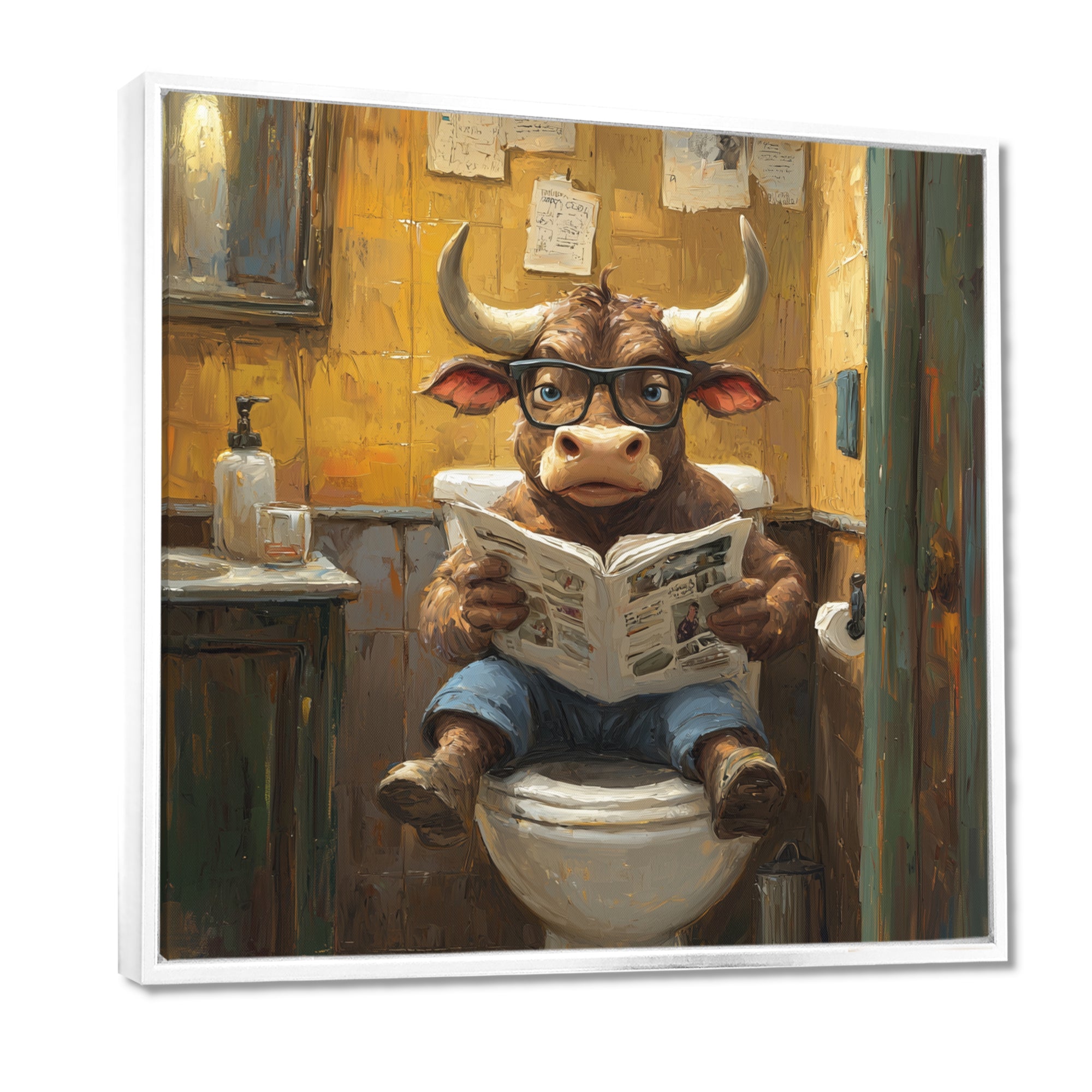 Cute Buffalo Reading Newspaper In The Bathroom - Cow Wall Art Prints