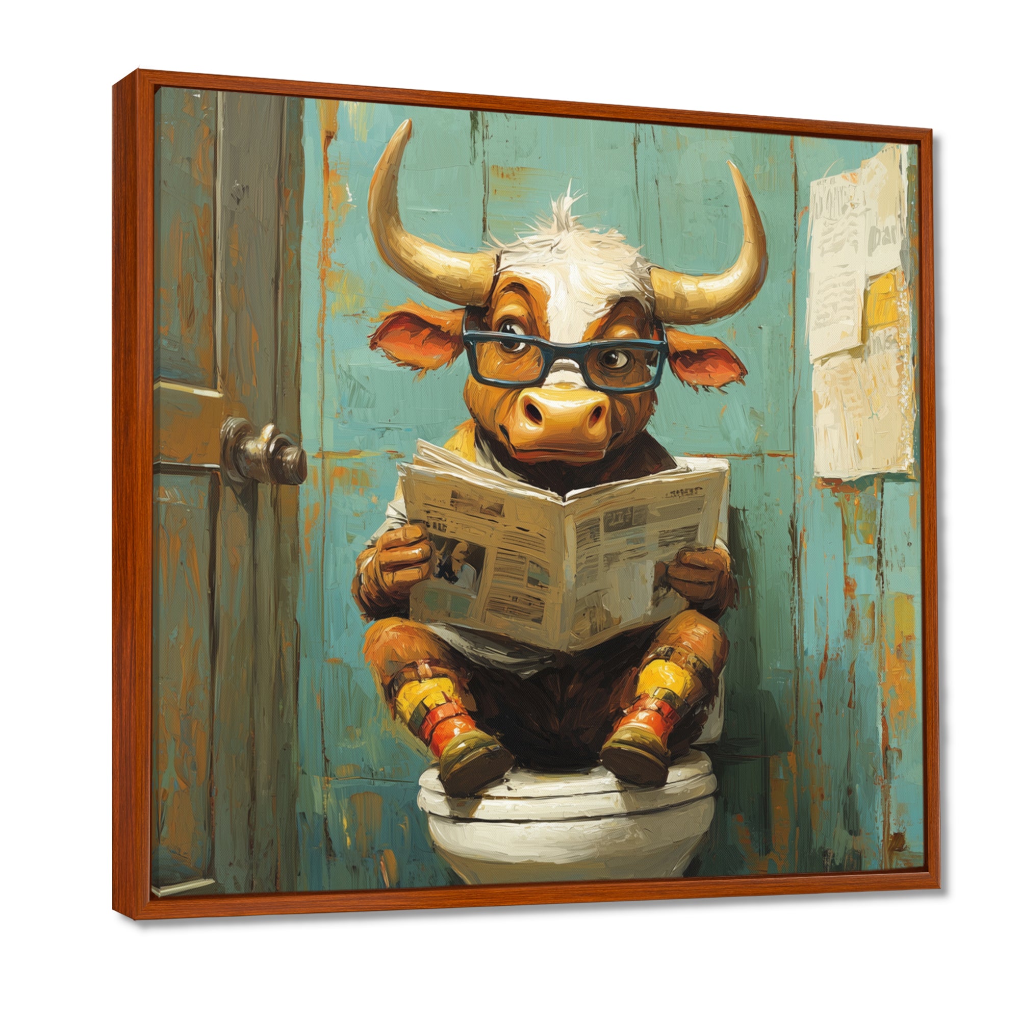 Cute Cow Reading Newspaper In The Bathroom - White Cow Wall Art
