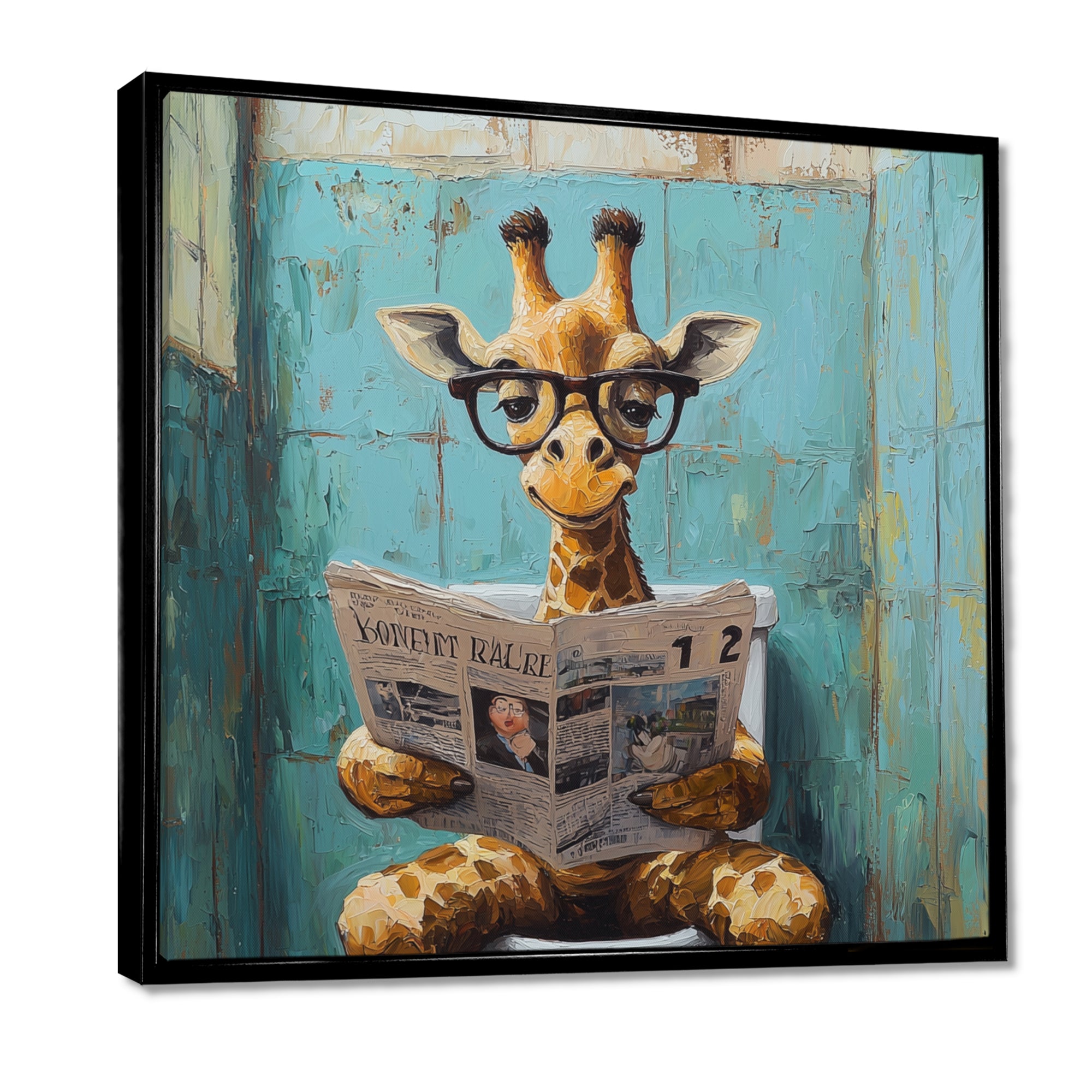 Giraffe Reading The News In The Bathroom - Brown Giraffe Wall Art