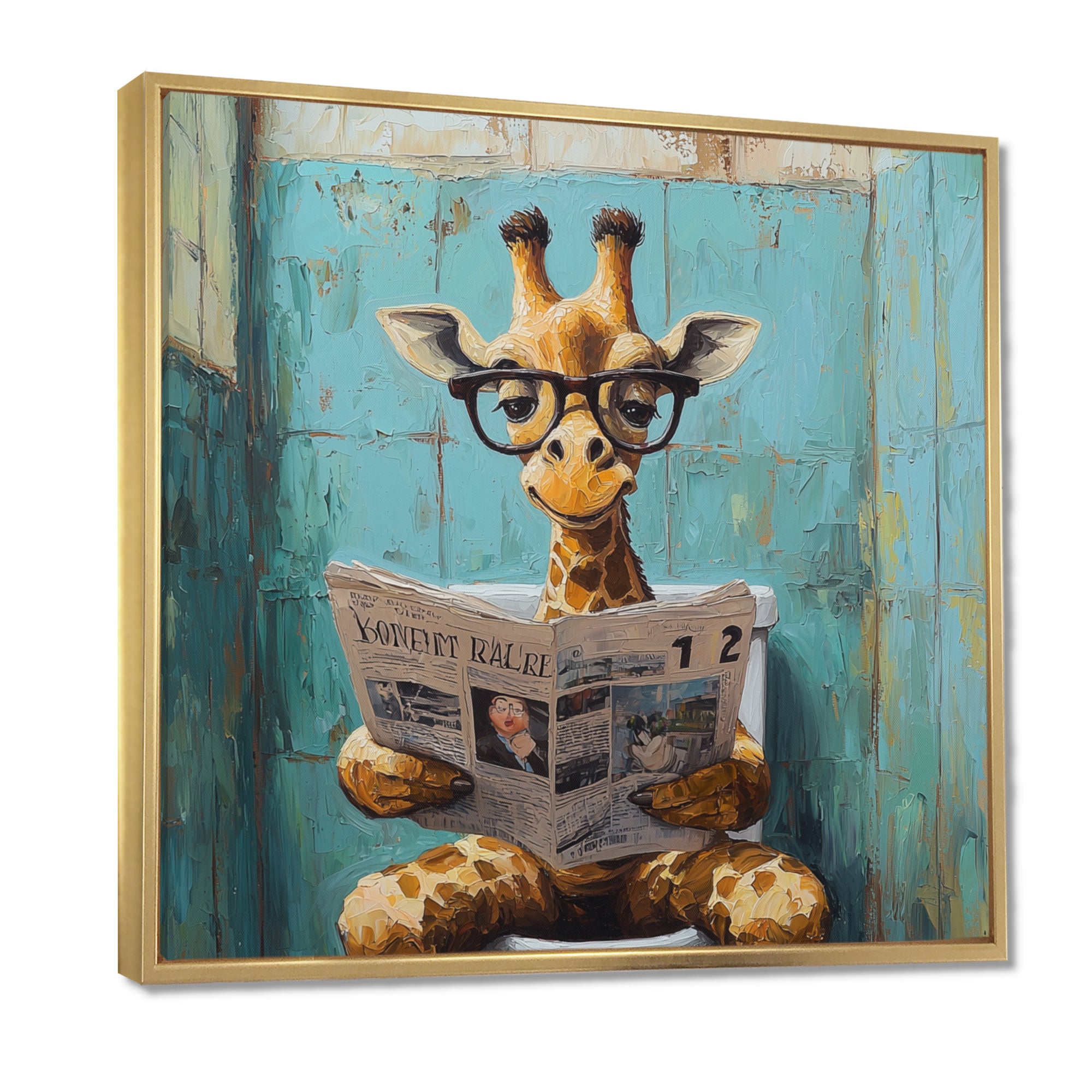 Giraffe Reading The News In The Bathroom - Brown Giraffe Wall Art