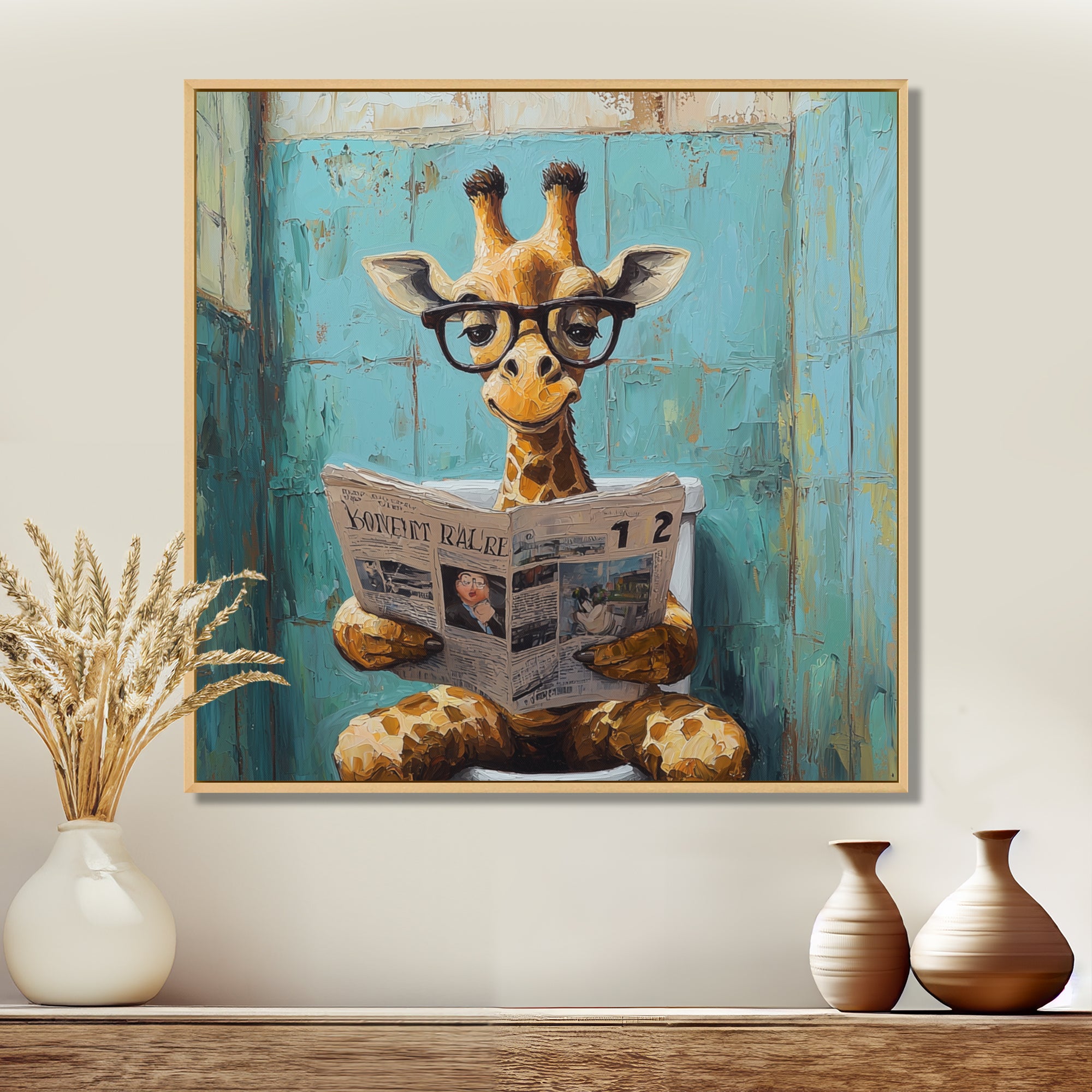 Giraffe Reading The News In The Bathroom - Brown Giraffe Wall Art
