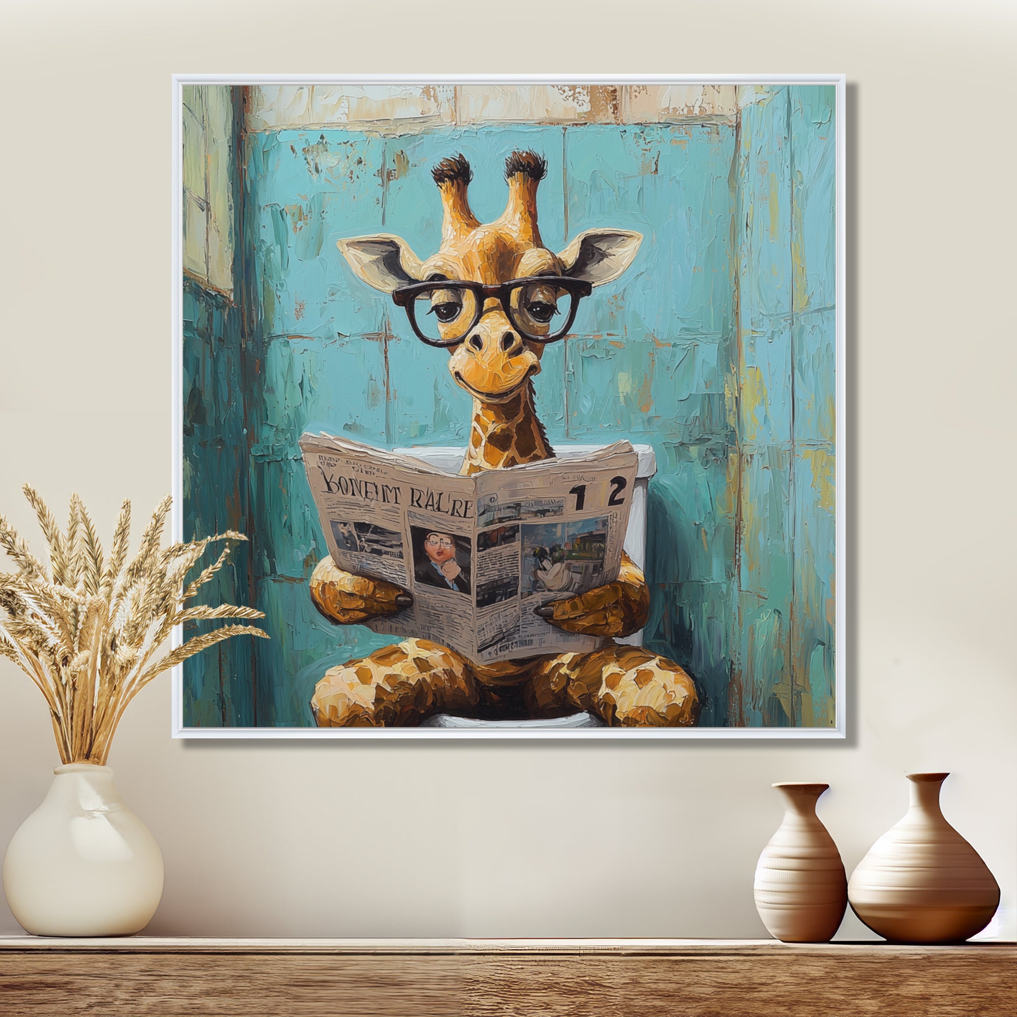 Giraffe Reading The News In The Bathroom - Brown Giraffe Wall Art
