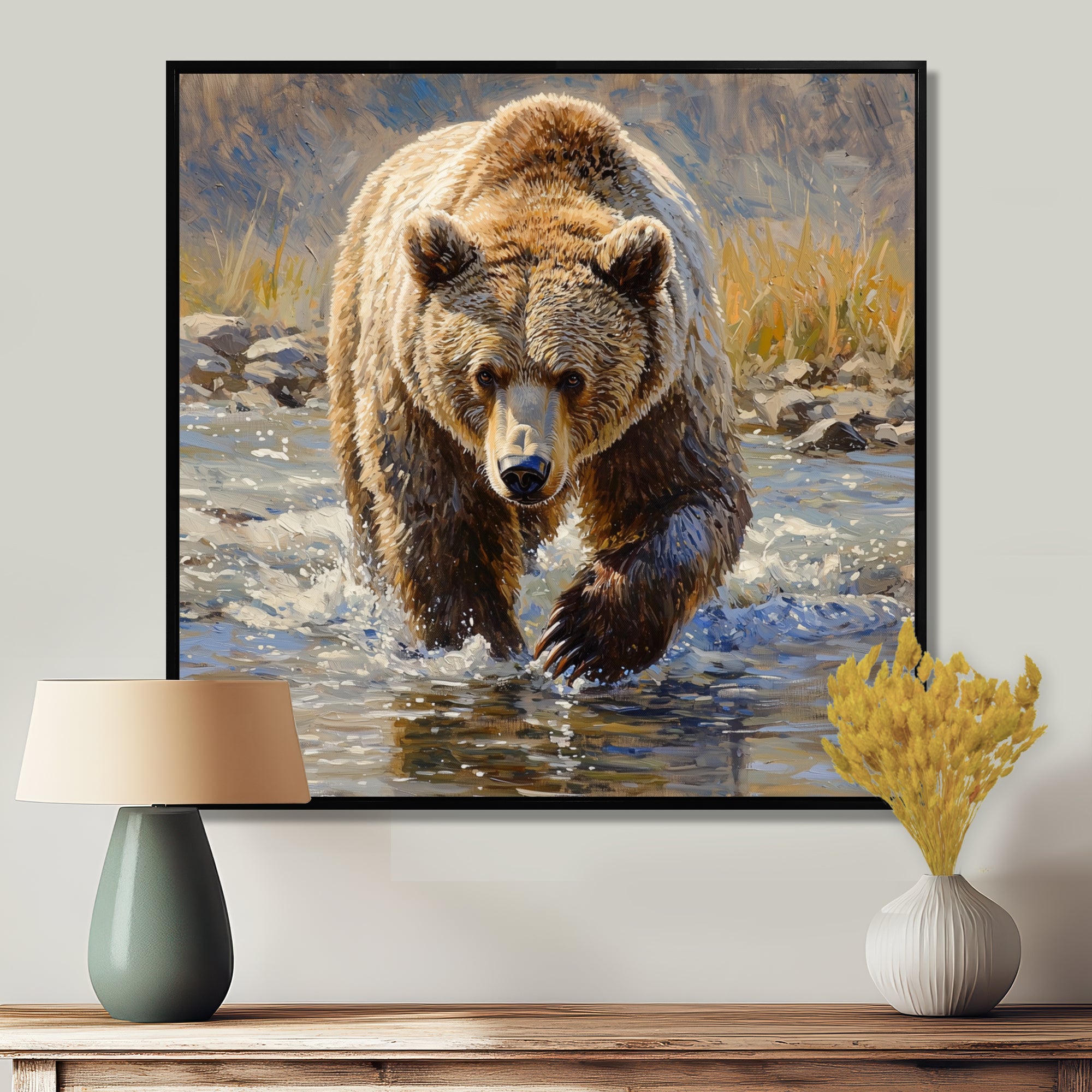 Grizzly By The River In Canada - Bear Living Room Wall Art