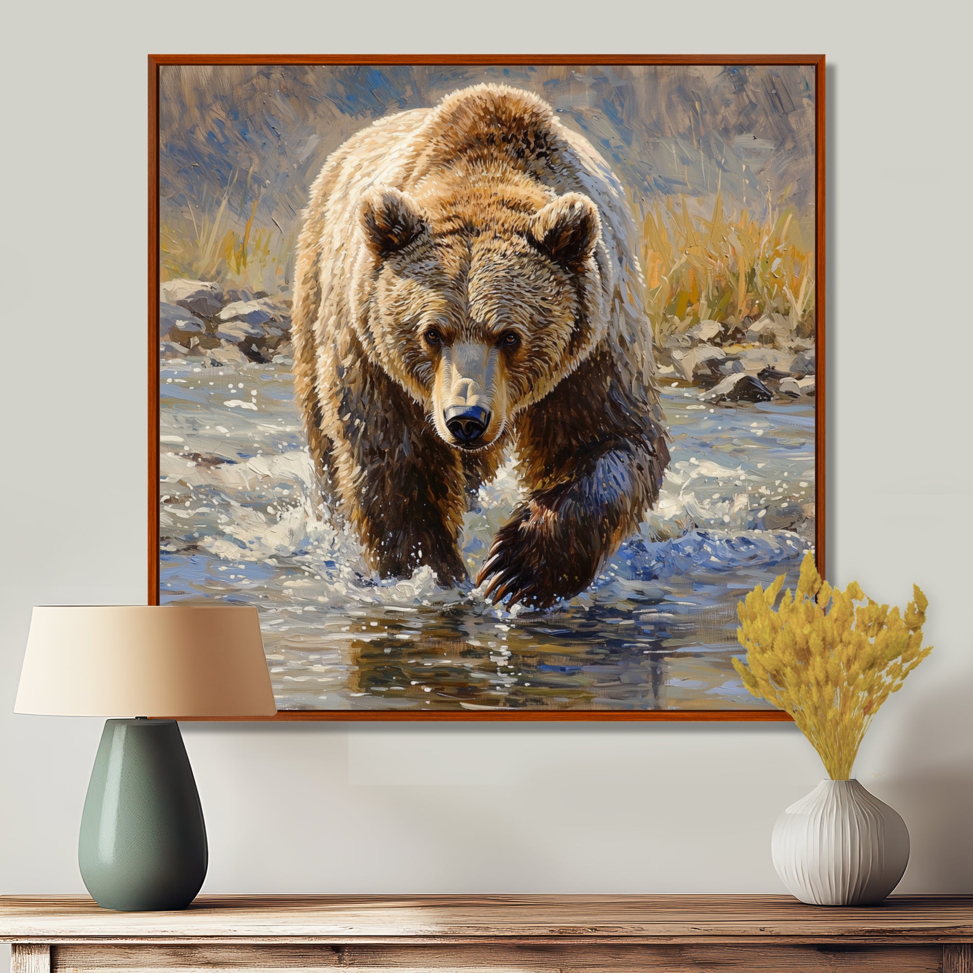 Grizzly By The River In Canada - Bear Living Room Wall Art
