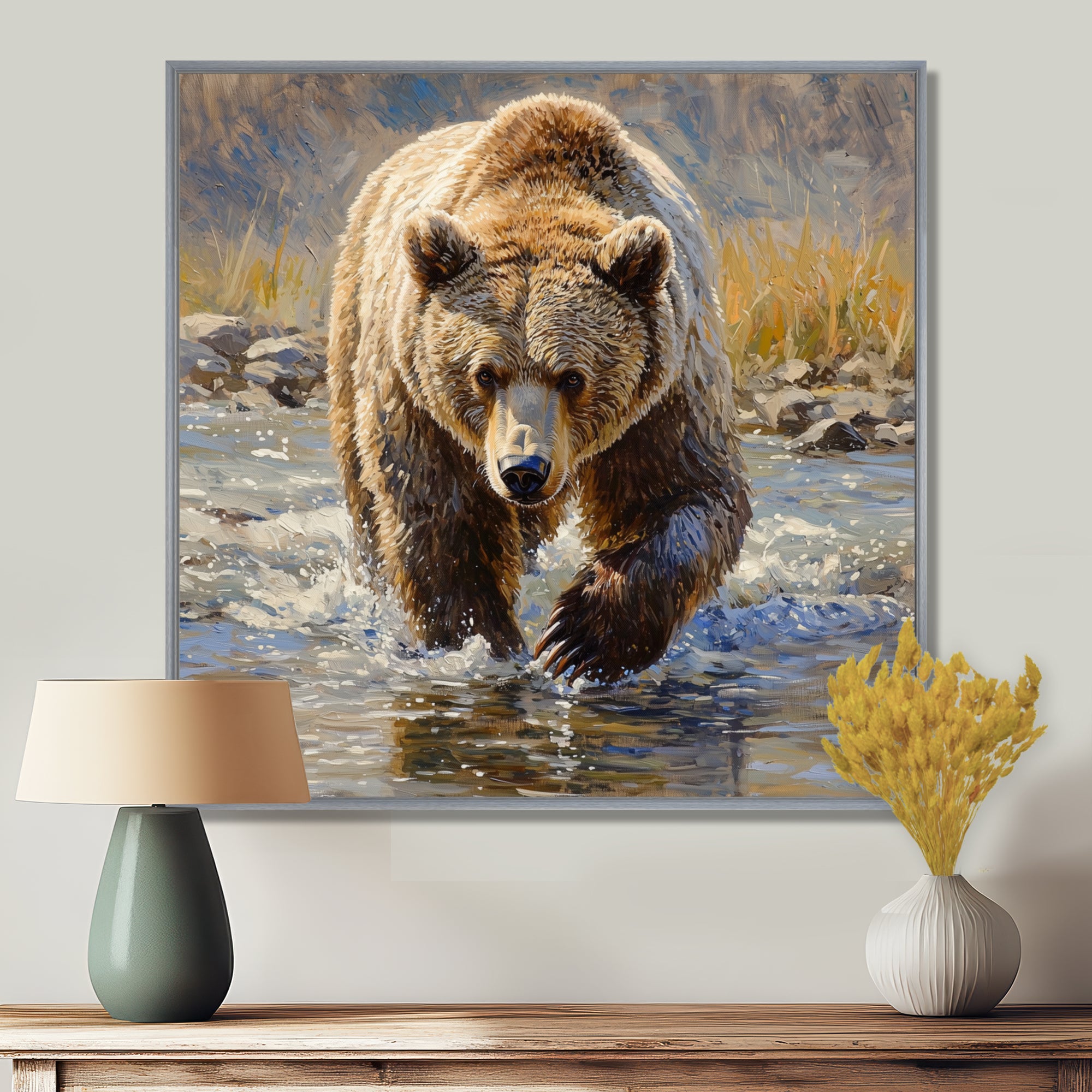 Grizzly By The River In Canada - Bear Living Room Wall Art