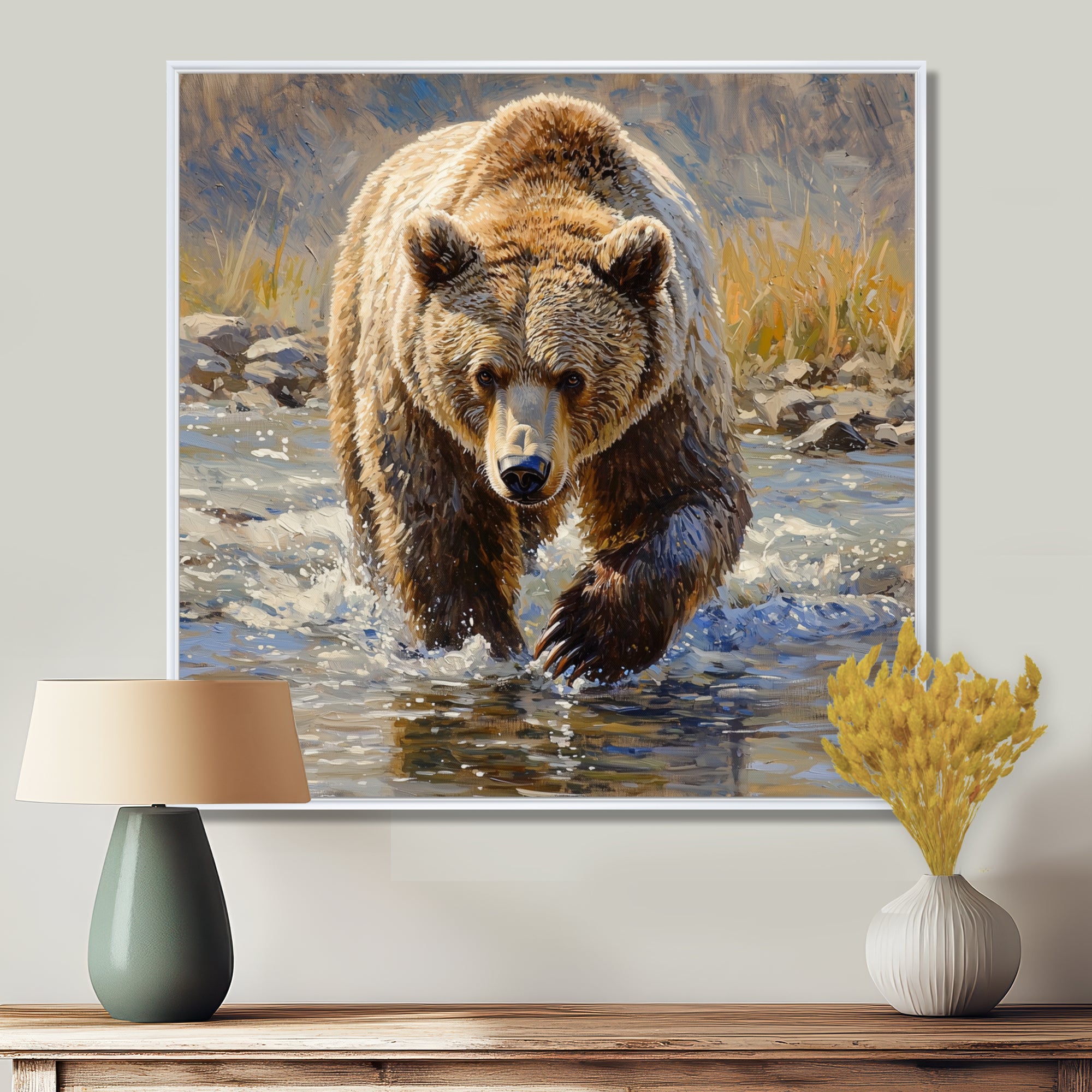 Grizzly By The River In Canada - Bear Living Room Wall Art