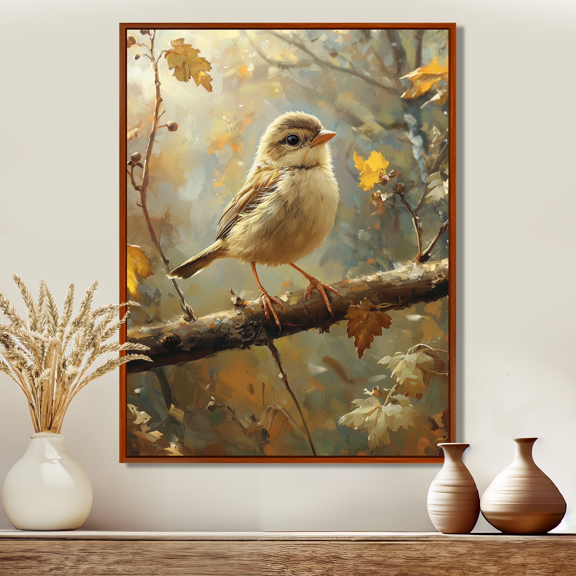 Cute Bird Sparrow On A Fallen Branch - Bird Living Room Wall Art