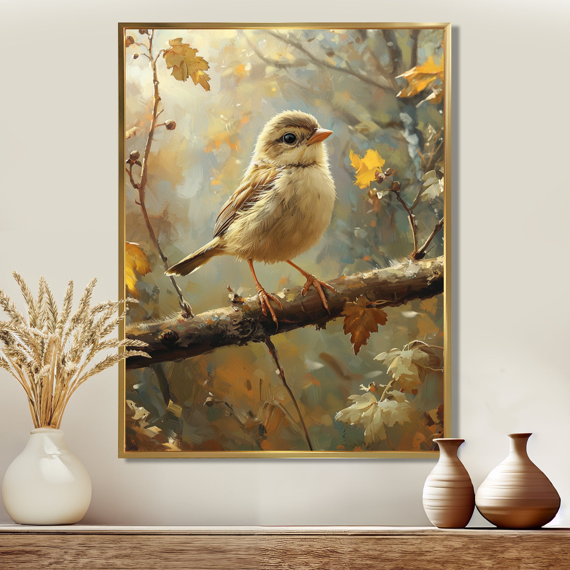 Cute Bird Sparrow On A Fallen Branch - Bird Living Room Wall Art