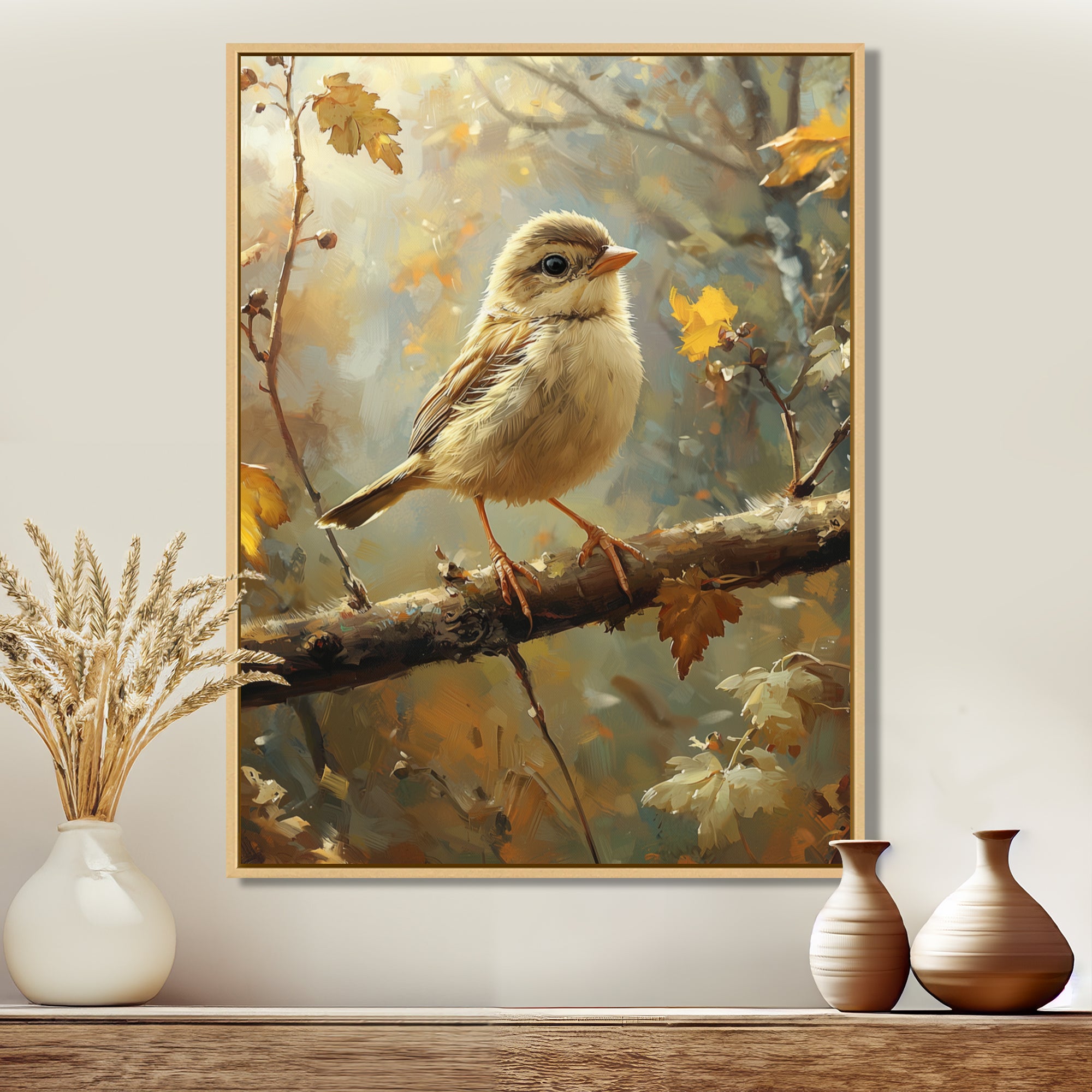 Cute Bird Sparrow On A Fallen Branch - Bird Living Room Wall Art
