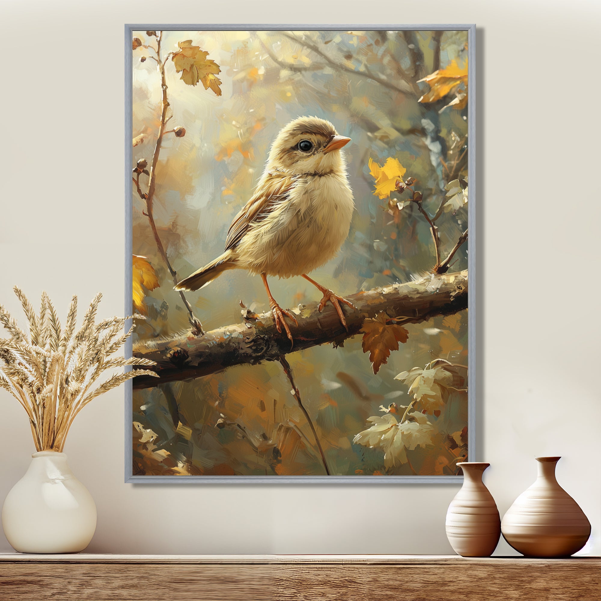 Cute Bird Sparrow On A Fallen Branch - Bird Living Room Wall Art