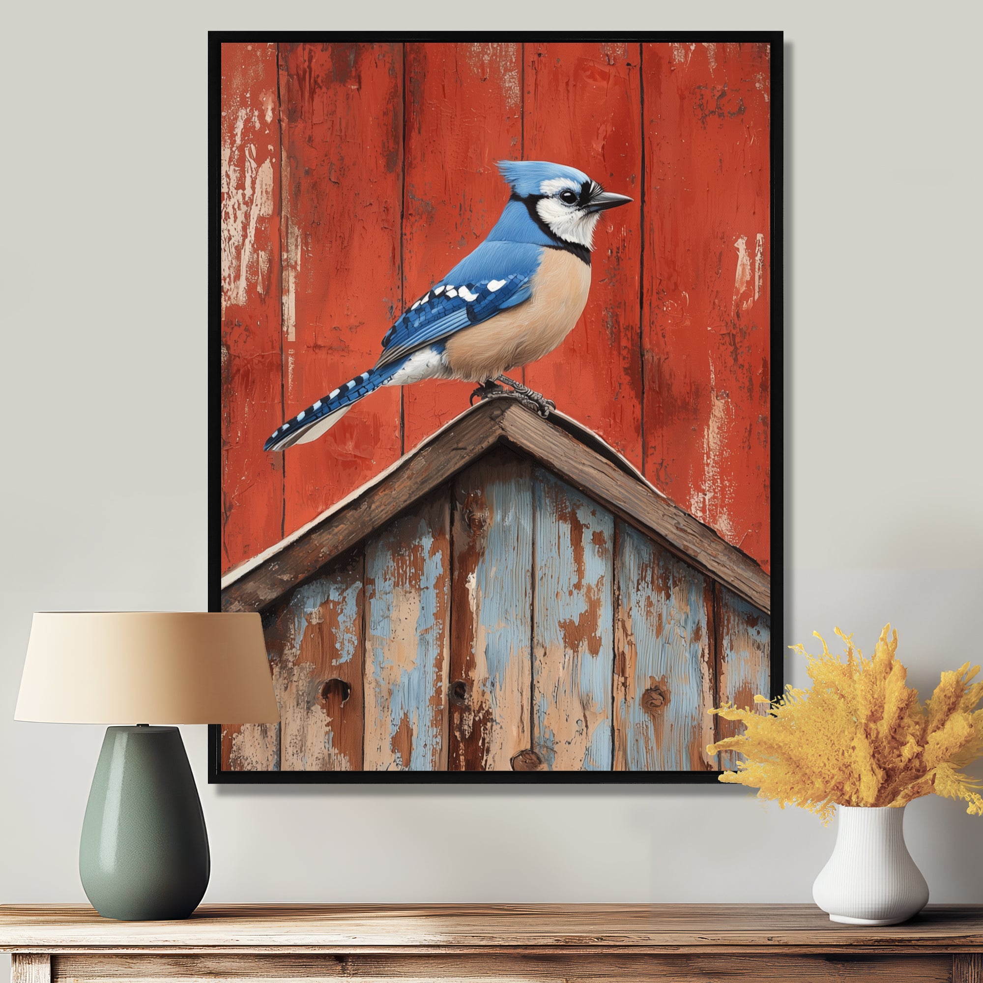 Blue Jay On The Barn Roof - Blue Bird Wall Art
