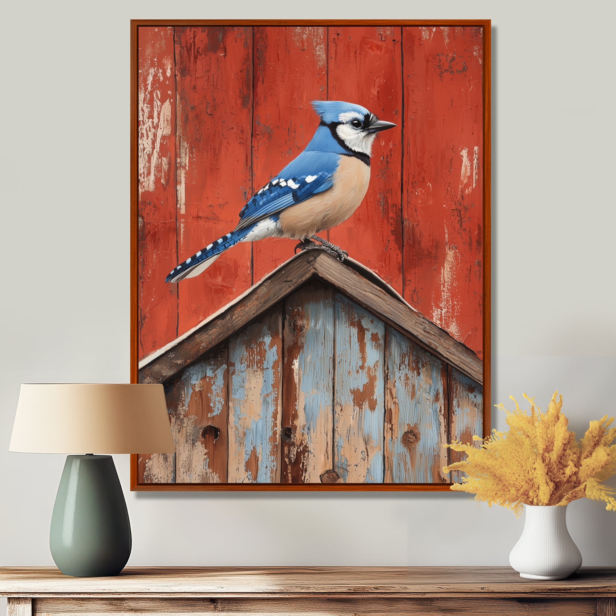 Blue Jay On The Barn Roof - Blue Bird Wall Art