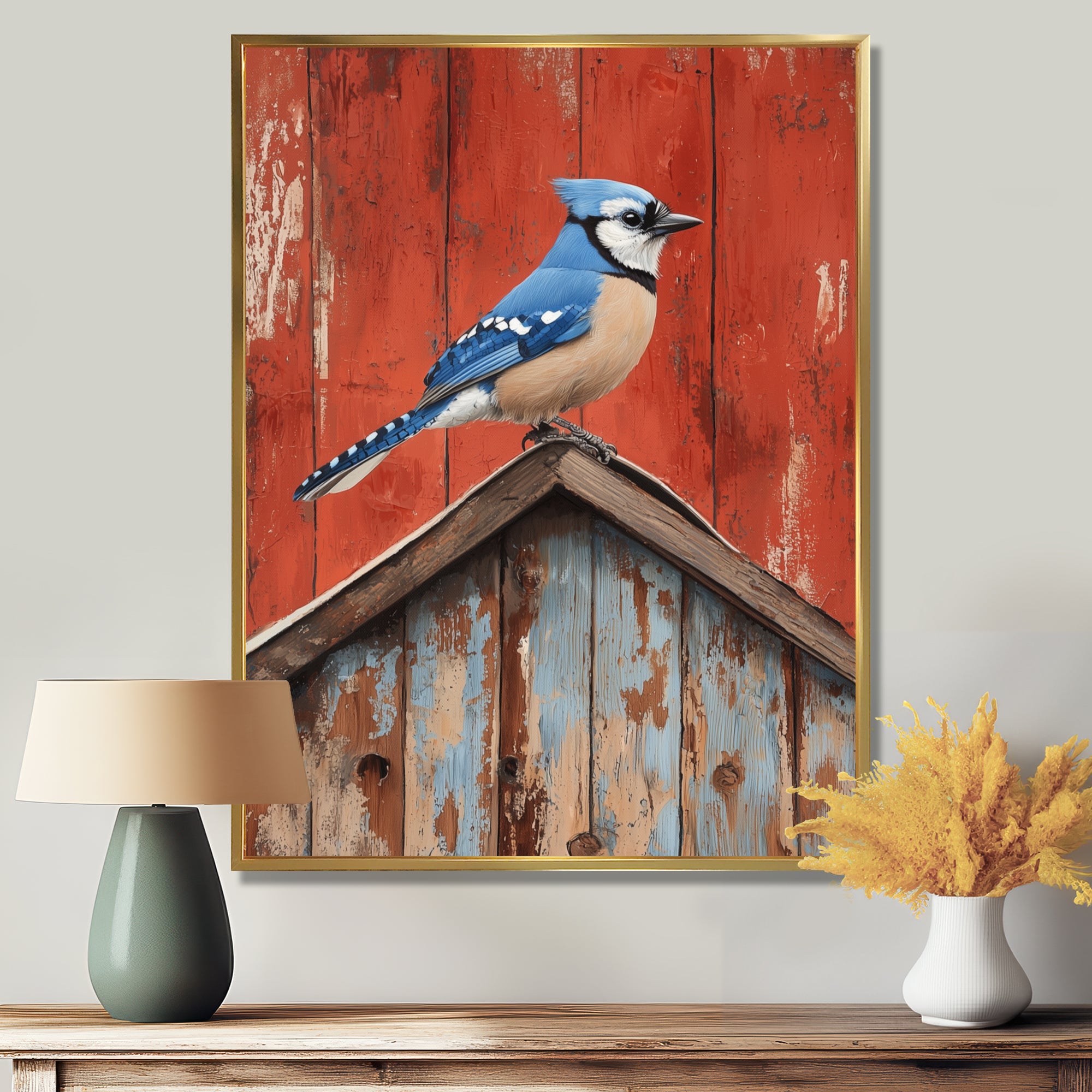 Blue Jay On The Barn Roof - Blue Bird Wall Art