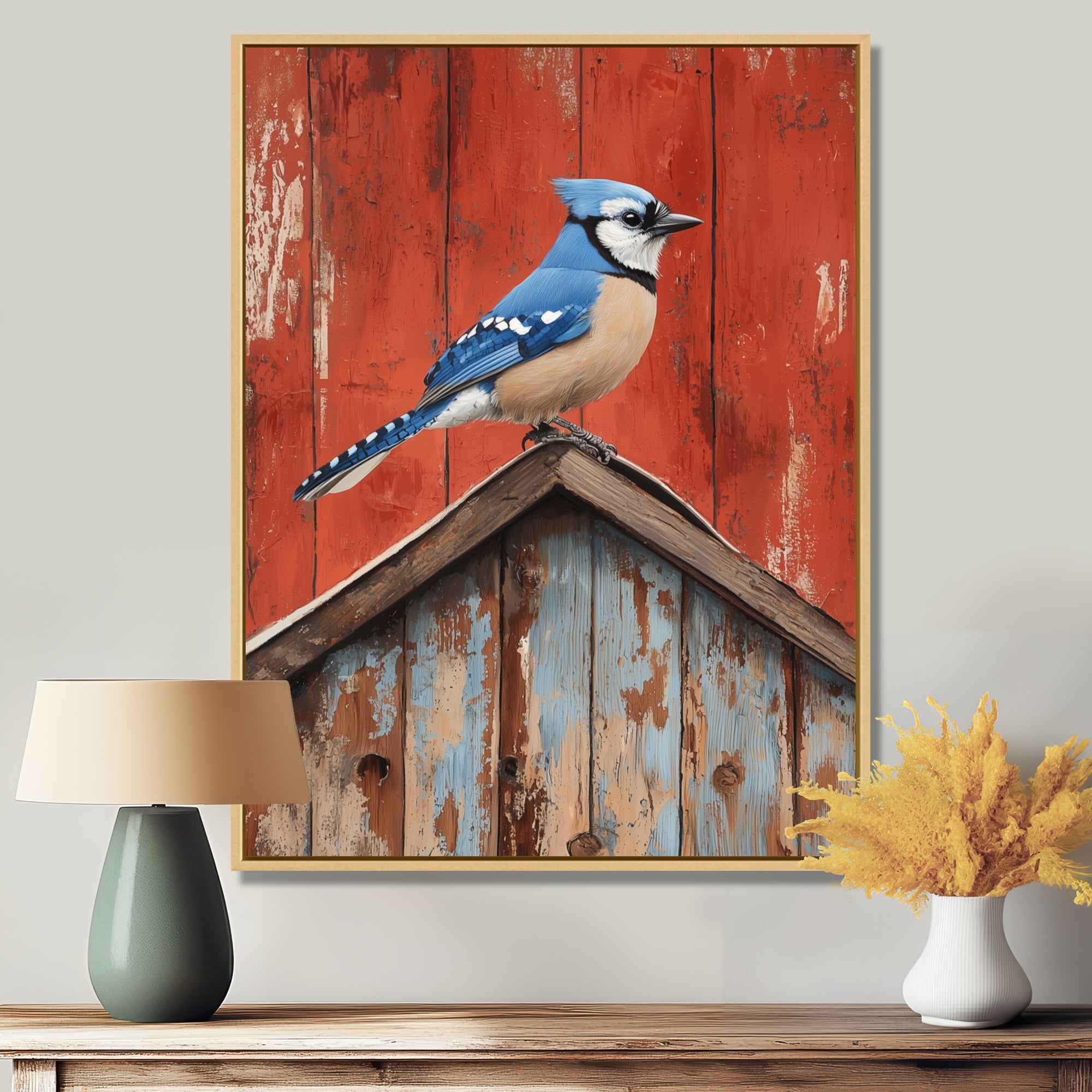 Blue Jay On The Barn Roof - Blue Bird Wall Art