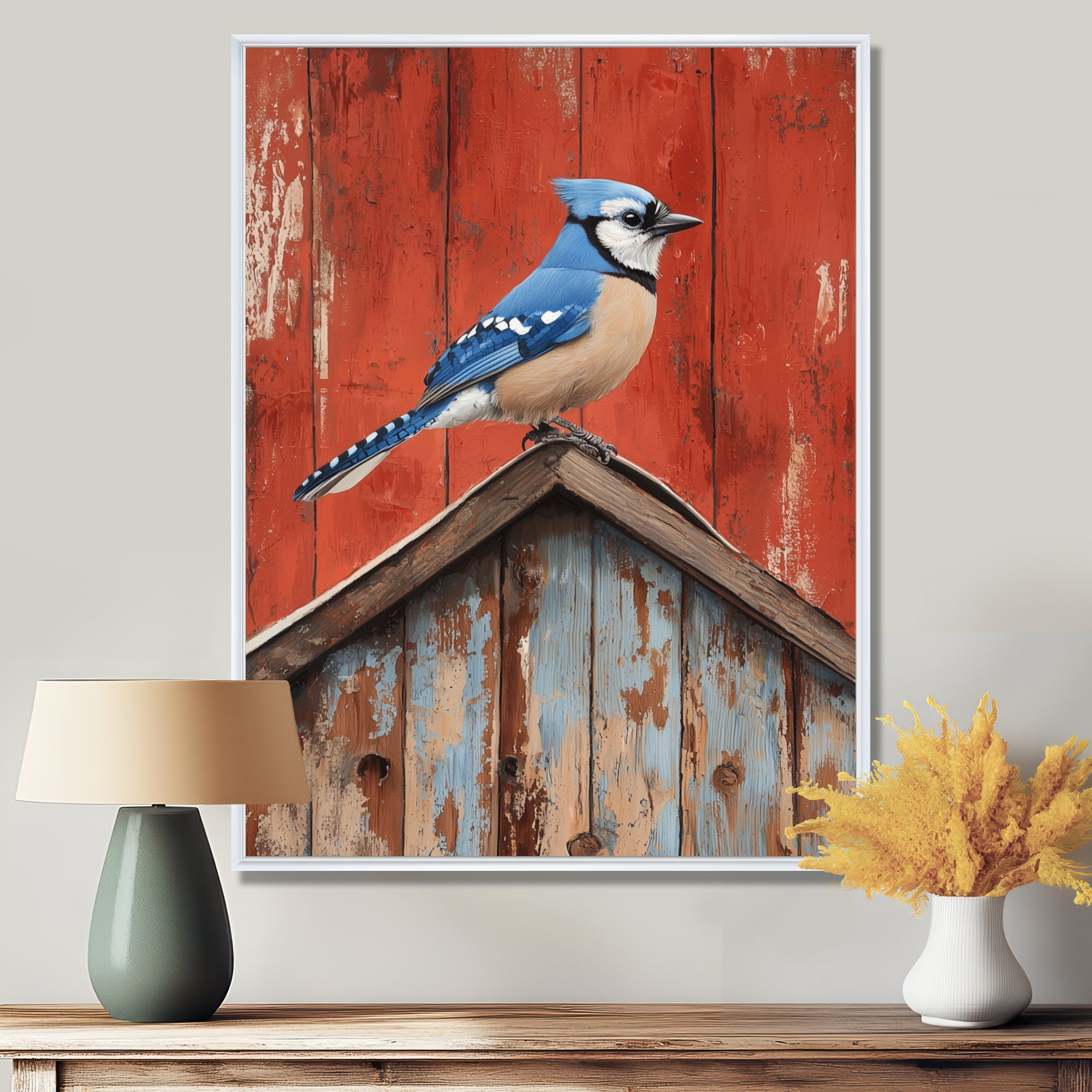 Blue Jay On The Barn Roof - Blue Bird Wall Art