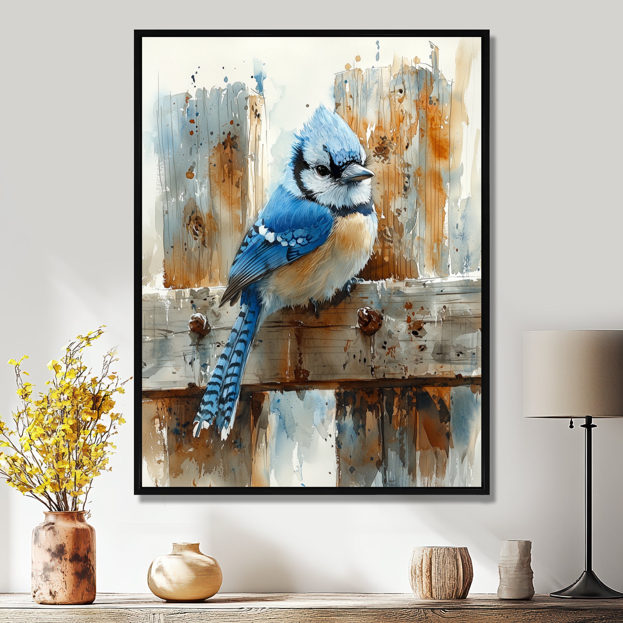 Blue Jay On The Farm Gate - Bird Framed Canvas Art