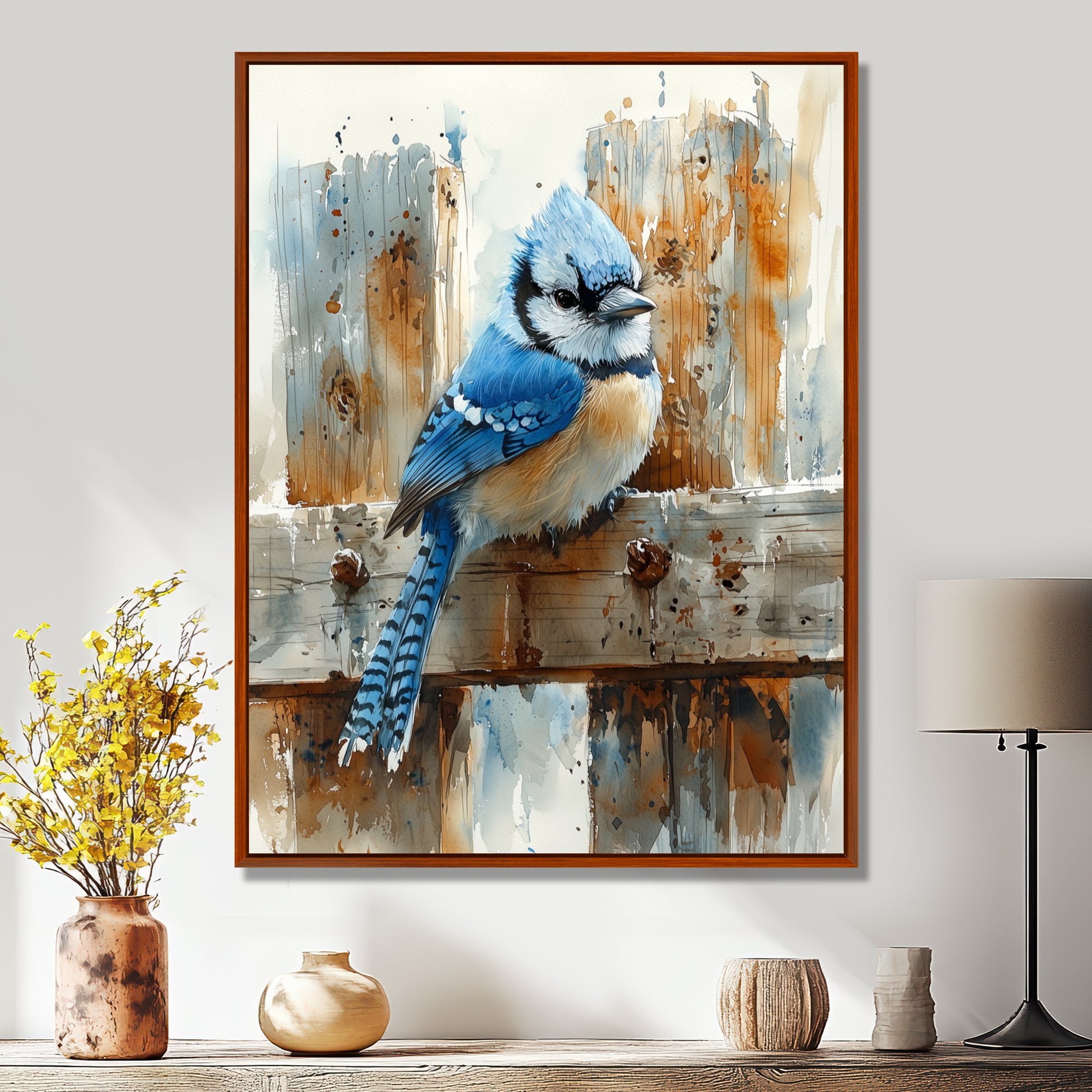 Blue Jay On The Farm Gate - Bird Framed Canvas Art