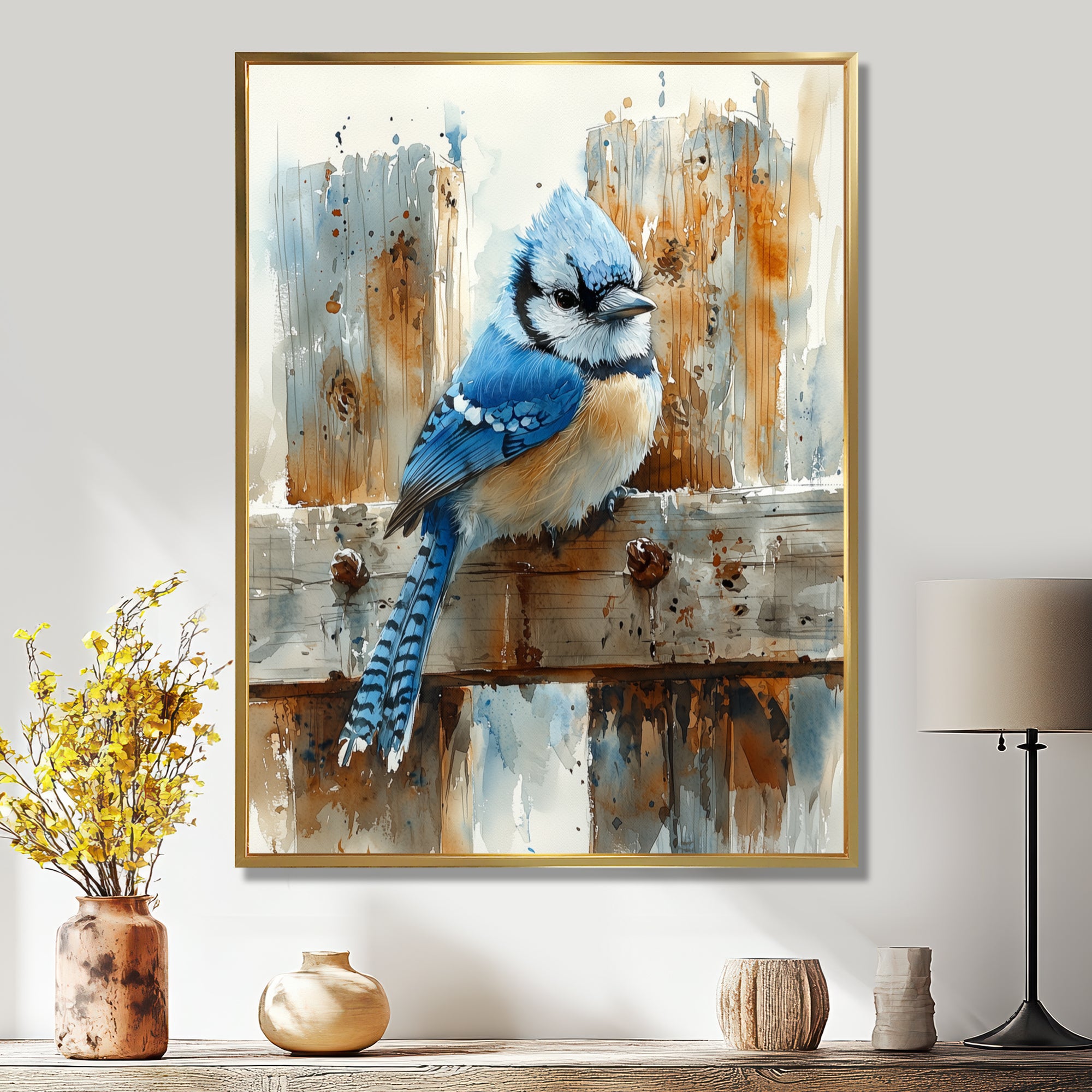 Blue Jay On The Farm Gate - Bird Framed Canvas Art