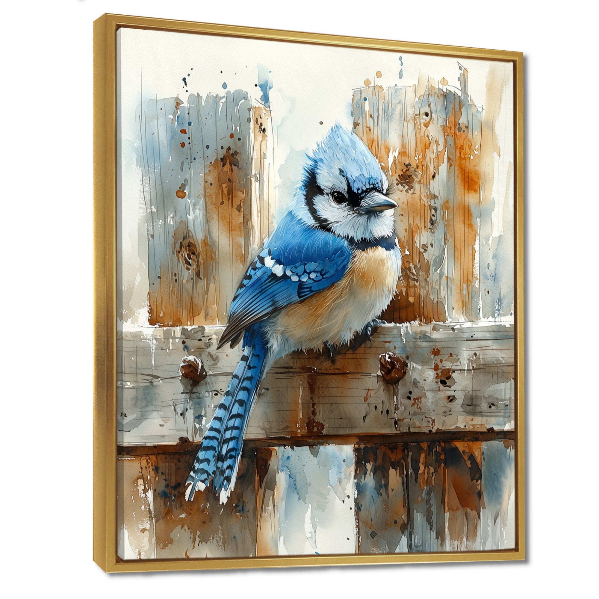 Blue Jay On The Farm Gate - Bird Framed Canvas Art