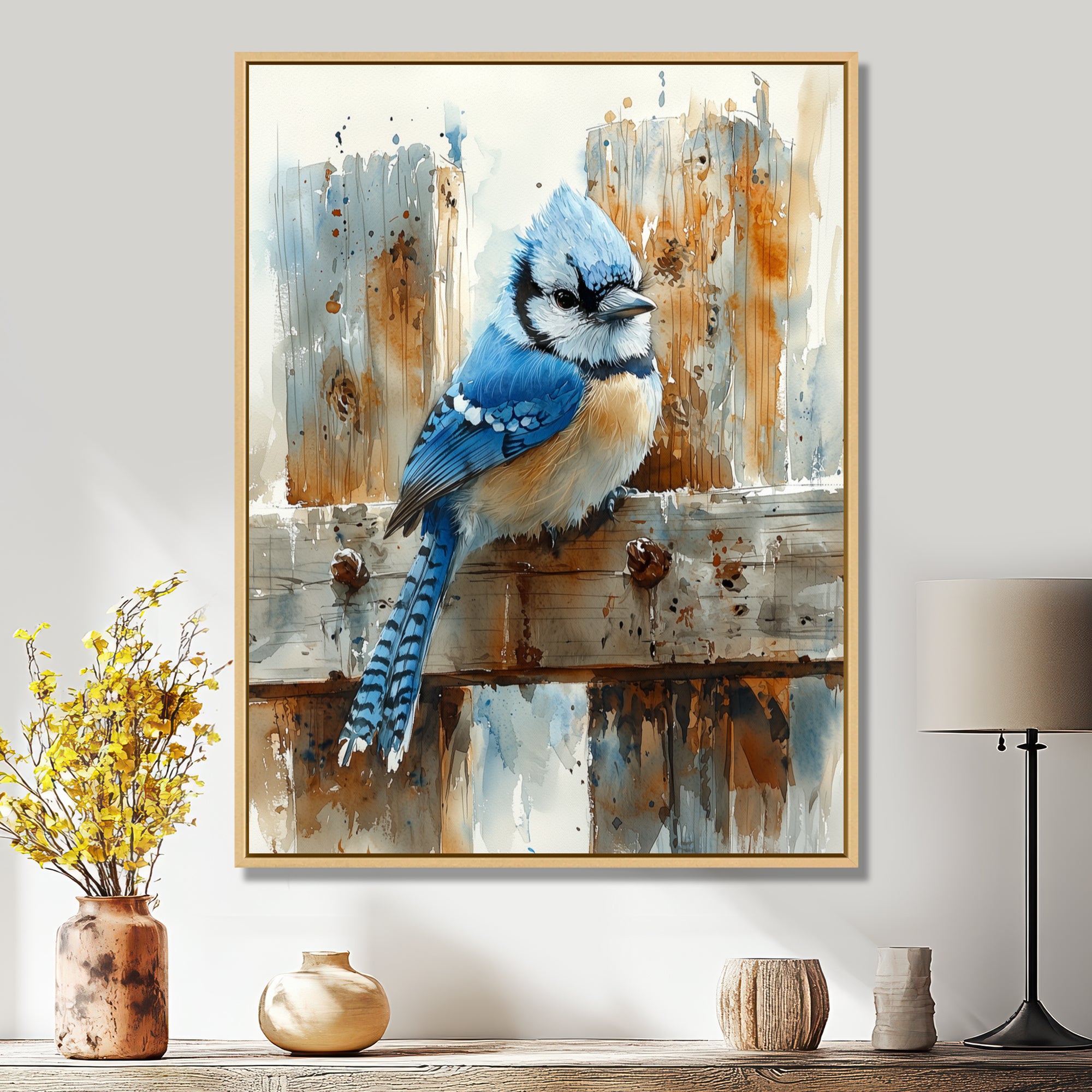 Blue Jay On The Farm Gate - Bird Framed Canvas Art
