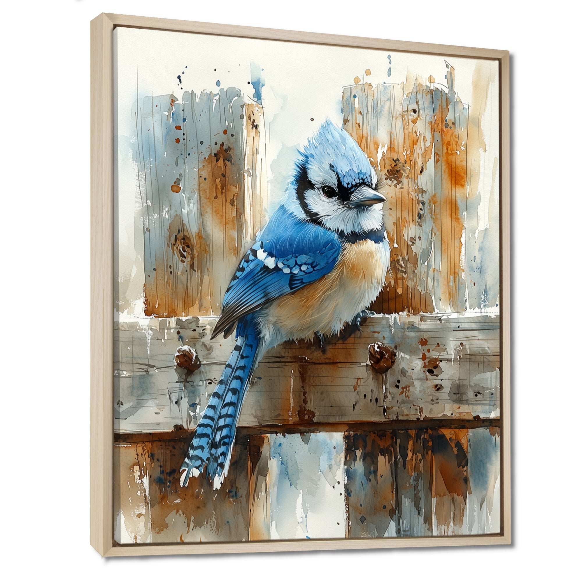 Blue Jay On The Farm Gate - Bird Framed Canvas Art