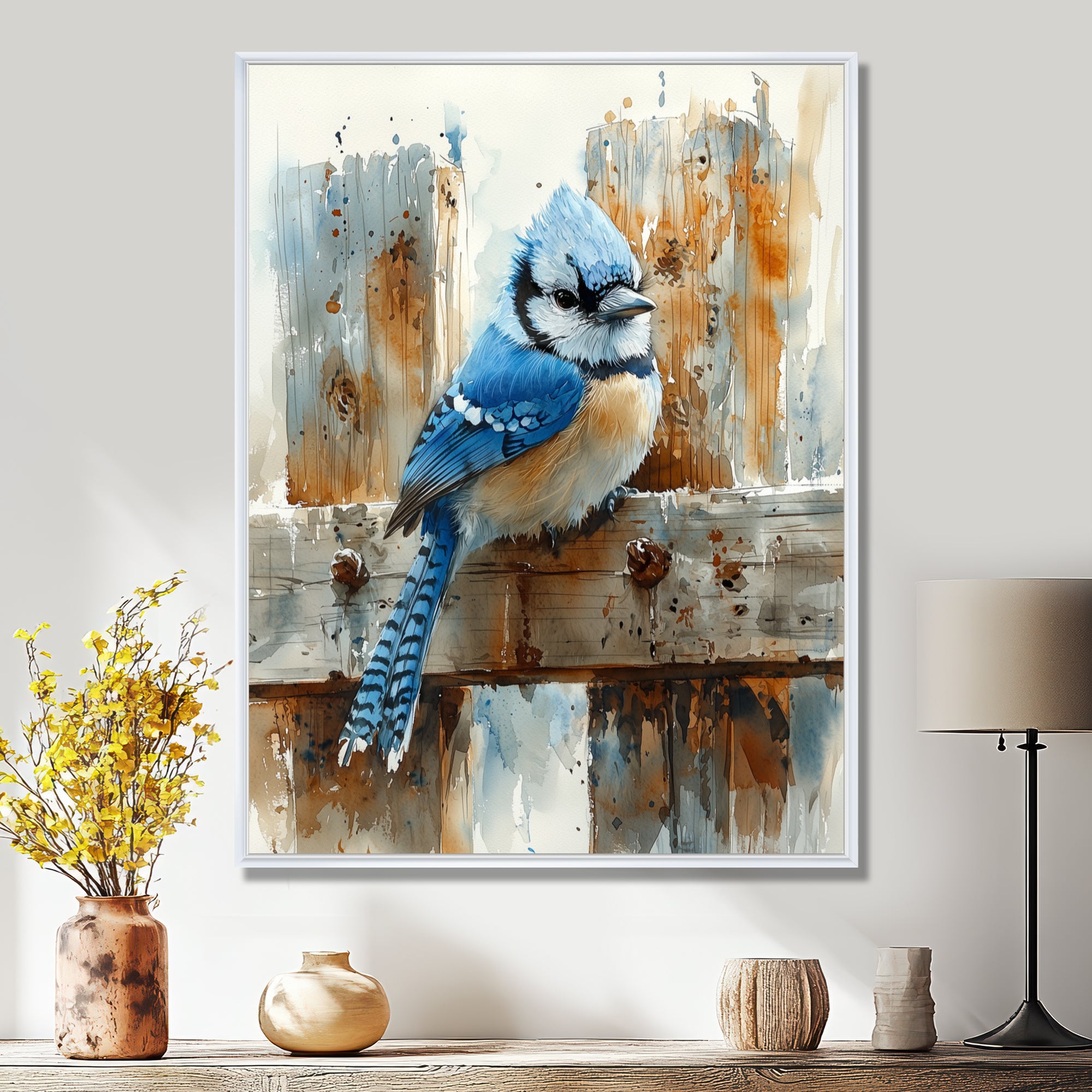 Blue Jay On The Farm Gate - Bird Framed Canvas Art