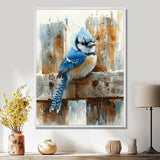 Blue Jay On The Farm Gate - Bird Framed Canvas Art